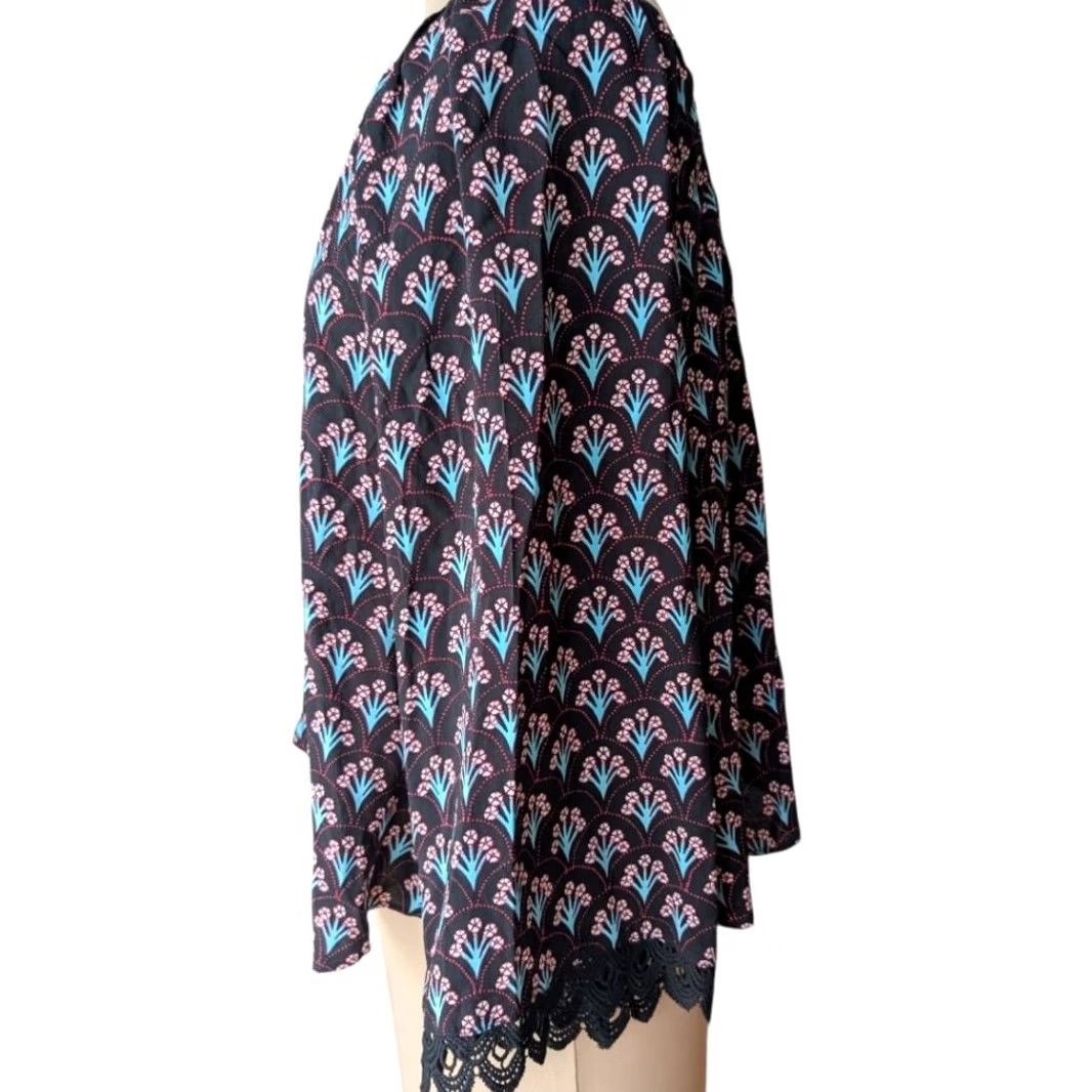 Pinko Floral Fan Print Blouse Top Black Pink Crochet Lace Trim Boho Sz XL Size XL / US 12-14 / IT 48-50 - 3 Thumbnail
