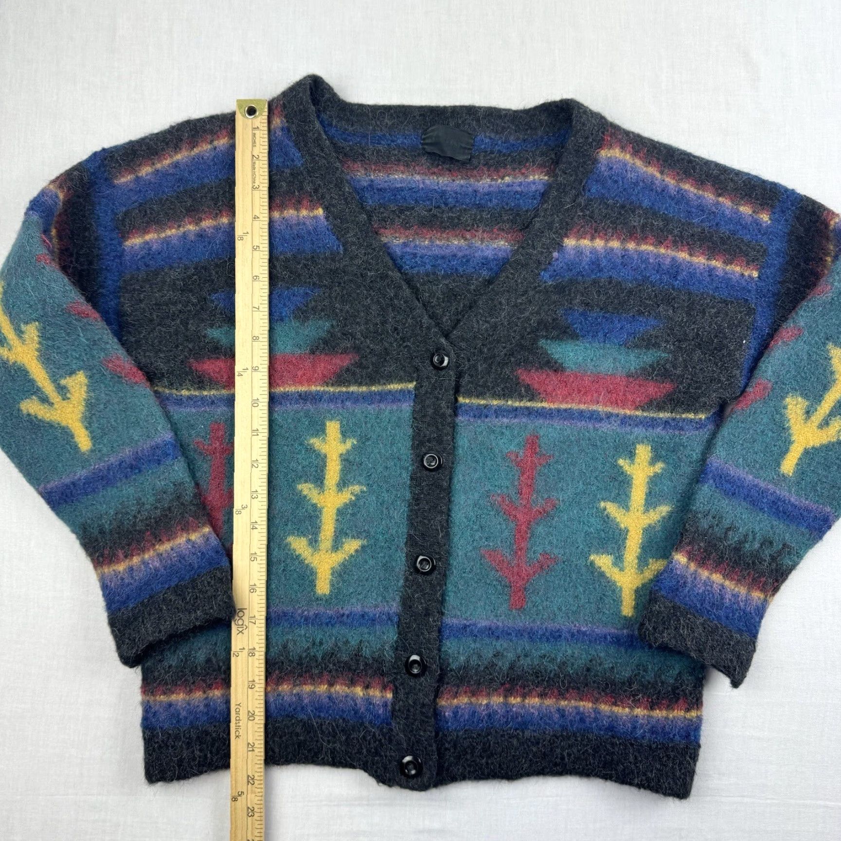 VINTAGE Alpaca Cardigan Sweater 80s Multicolor Geometric Long Sleeve V-Neck Womens Large