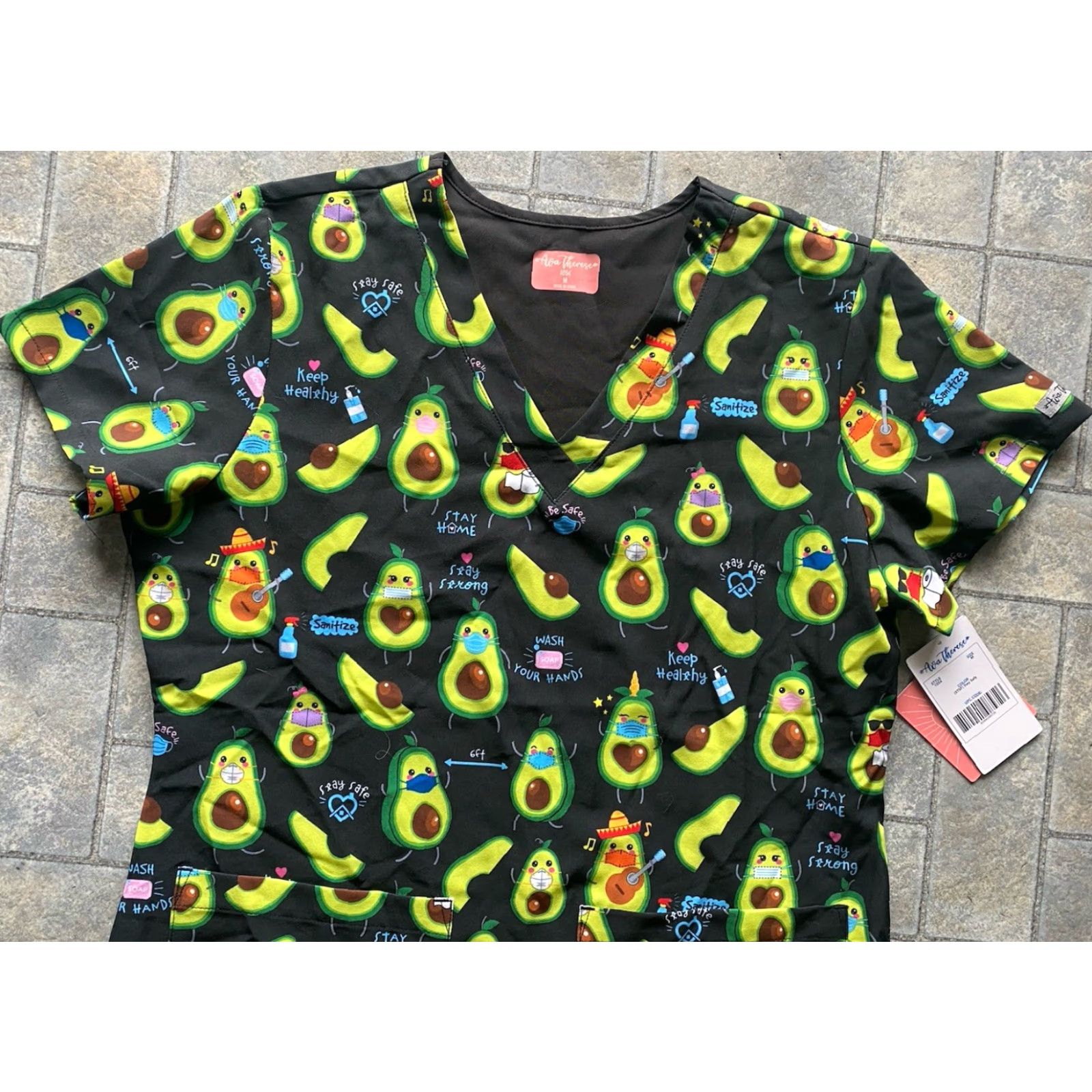 Vintage NWT Ava Therese Scrub Top WOMENS MEDIUM Black/Green Pockets Avocados Doctor Masks Size M / US 6-8 / IT 42-44 - 3 Thumbnail