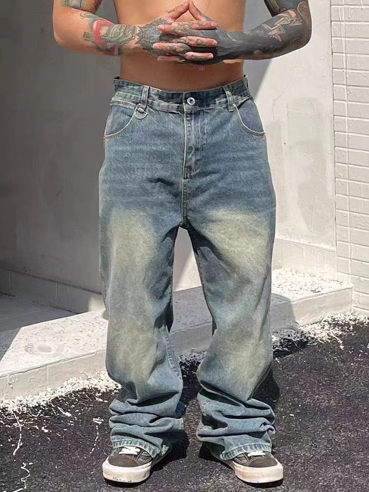 image of Blue Loose Casual Heavyweight Wide Leg Jeans, Men's (Size 34)