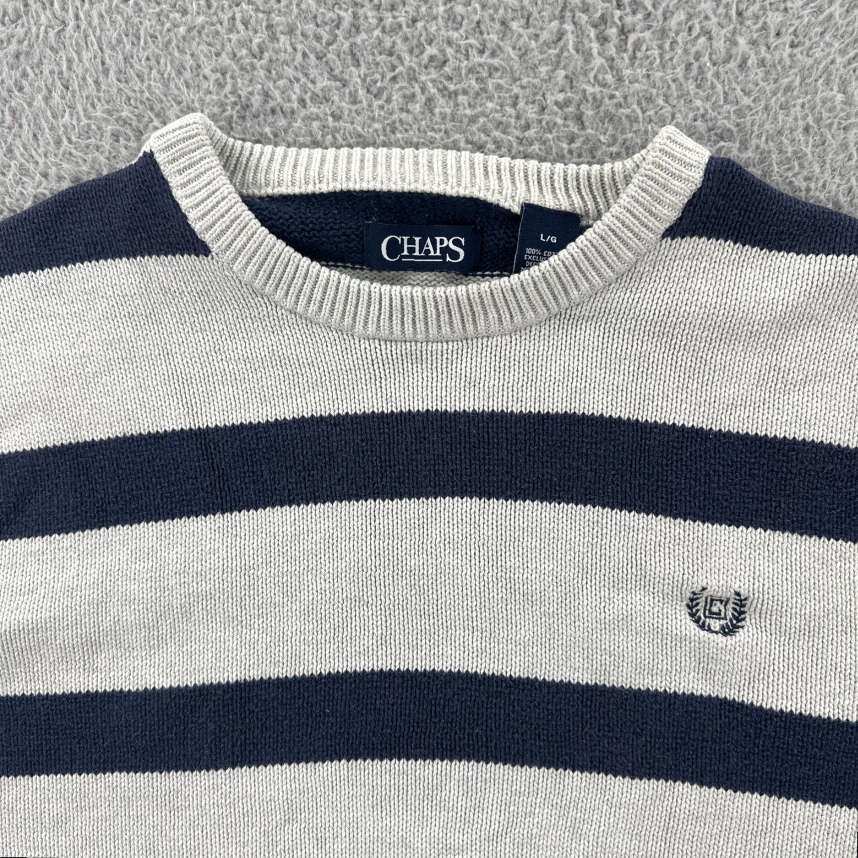 Chaps VINTAGE Chaps Sweater Men L White Blue Striped Cotton Logo Crew Neck Pullover Regular Size L Size US L / EU 52-54 / 3 - 5 Thumbnail