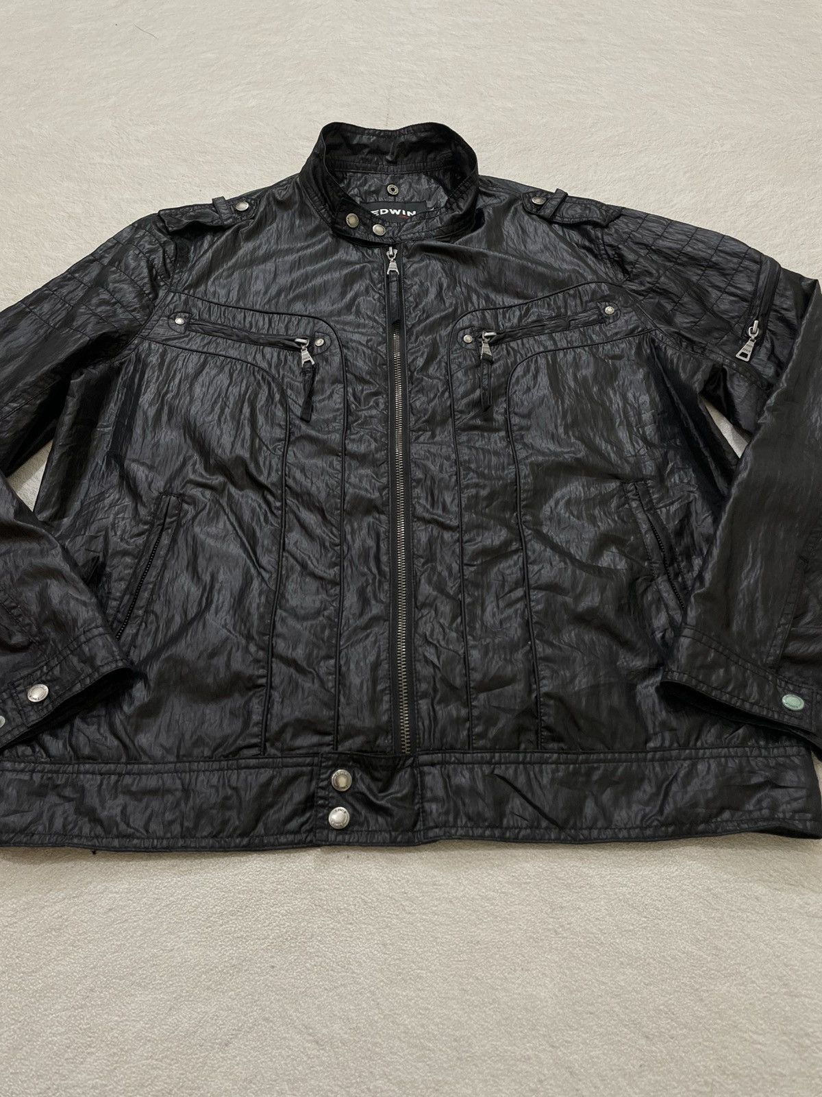Edwin 2000s Edwin Black Crinkled Nylon Biker Jacket LGB If6was9 Size US L / EU 52-54 / 3 - 4 Thumbnail