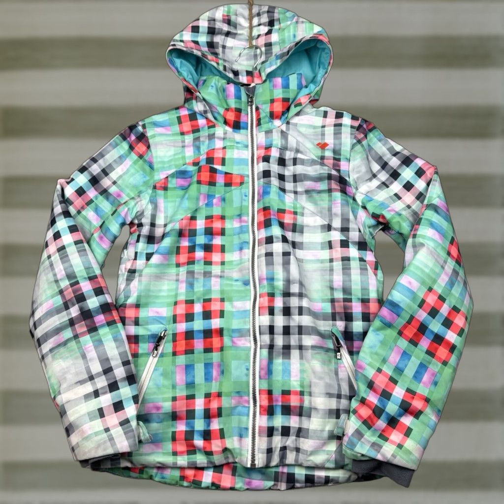 Obermeyer Ski Jacket Teen Girl XL Plaid Green Hooded Winter Snow Coat Jacket