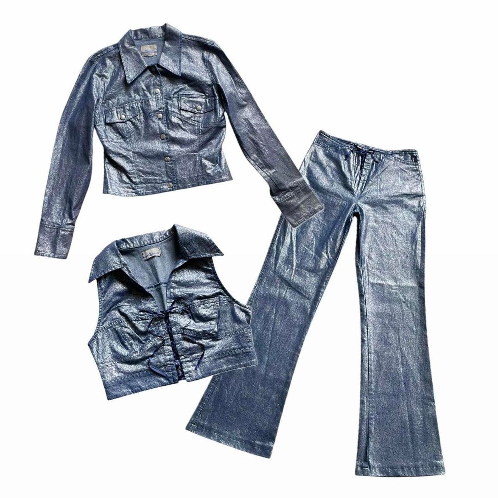 VTG 90s Y2K euro blue and silver shimmer stretch denim set
