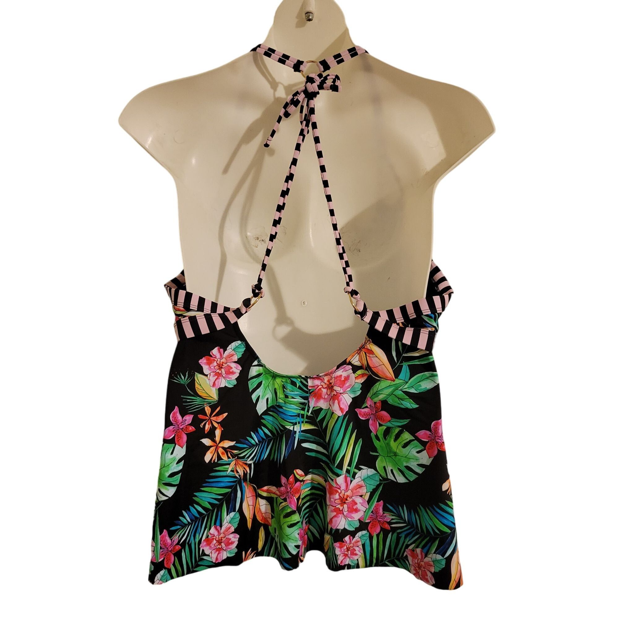 Vintage Swimsuits for All 16 Tropical Floral Pink Black Striped Tank Size XXL / US 16-18 / IT 52-54 - 2 Thumbnail