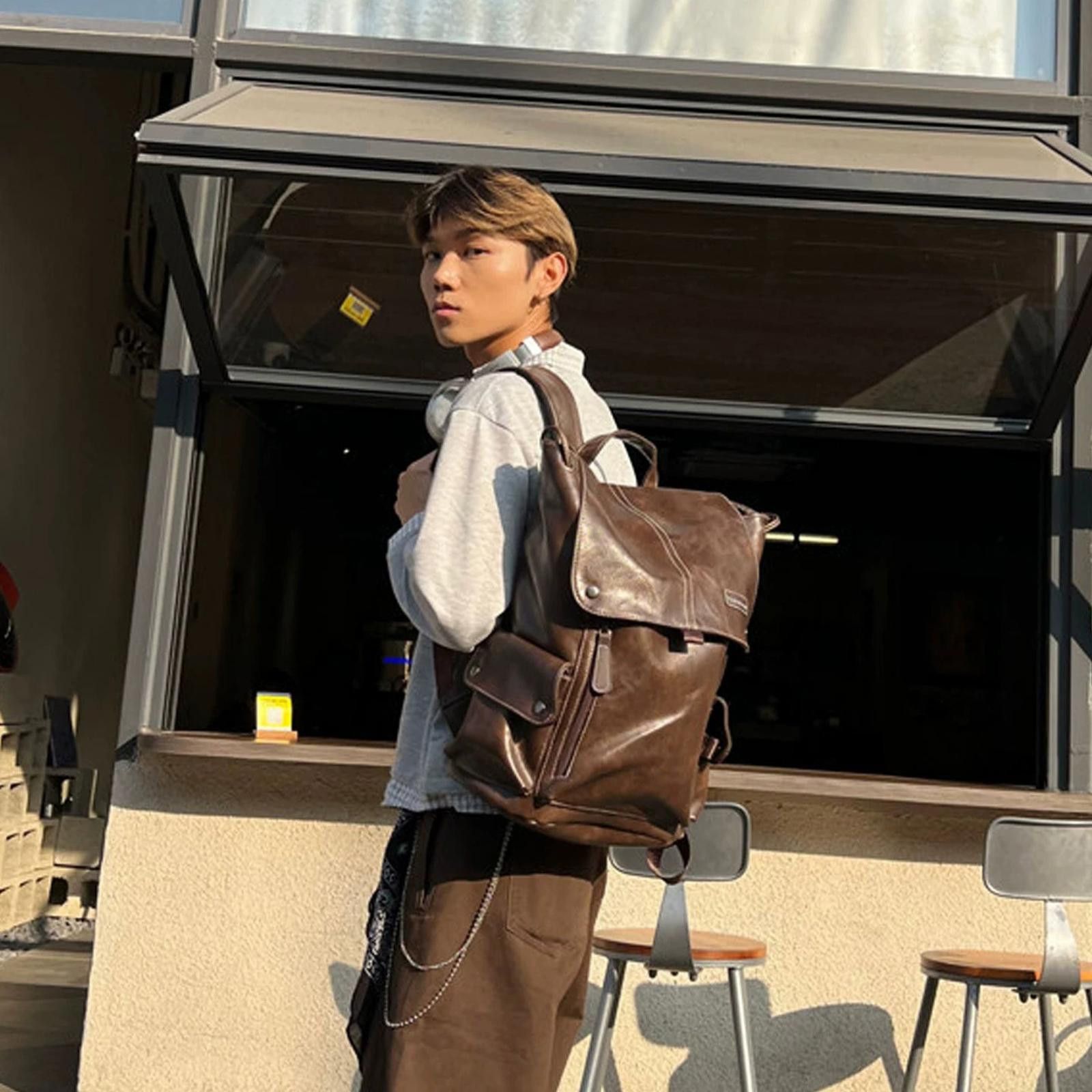 Leather Brown PU Leather Casual Backpack, Stylish Daypack Size ONE SIZE - 4 Thumbnail