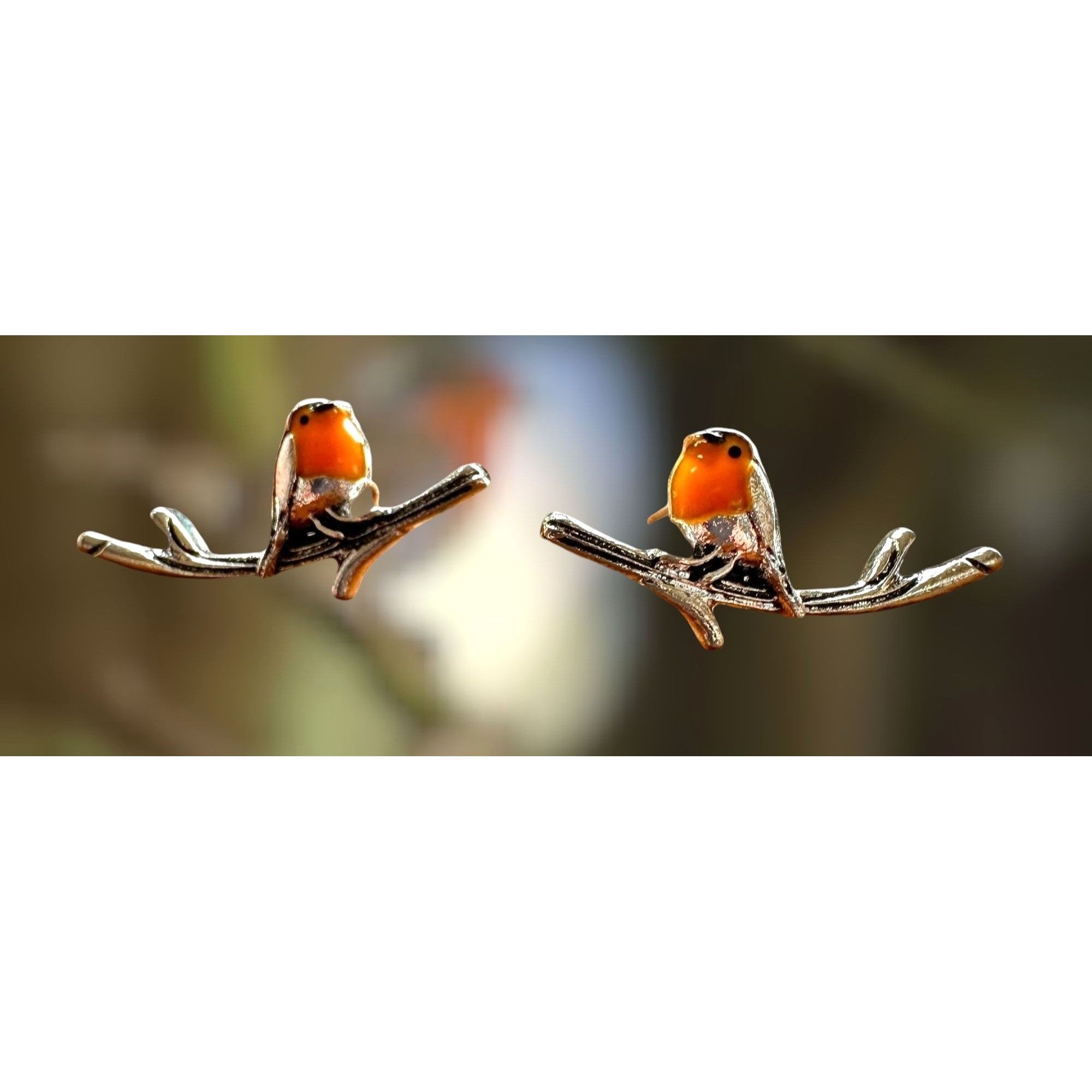 Handmade Robin Bird Earrings Ear Climbers New Orange Silver Tree Bran Size ONE SIZE - 3 Thumbnail