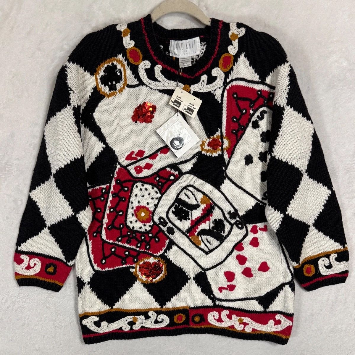 Other Vintage Limited Hand Knit Sweater S Queen of Hearts Cards Size XL / US 12-14 / IT 48-50 - 4 Thumbnail