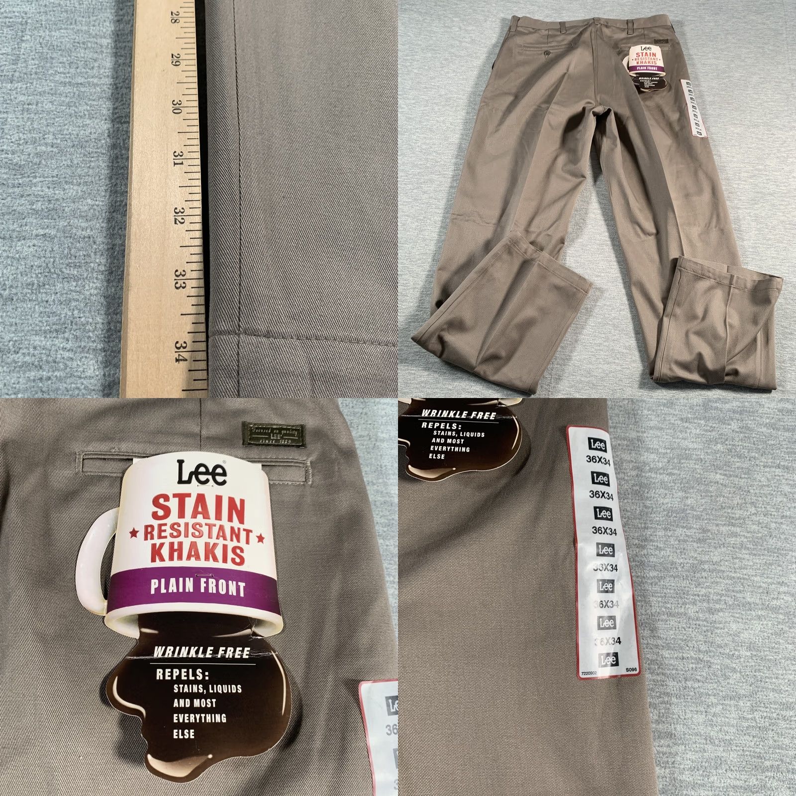 Lee Lee Pants Mens 36x34 Brown Khakis Wrinkle Free Plain Front Stain Resistant Workwear NWT Size US 36 / EU 52 - 8 Thumbnail
