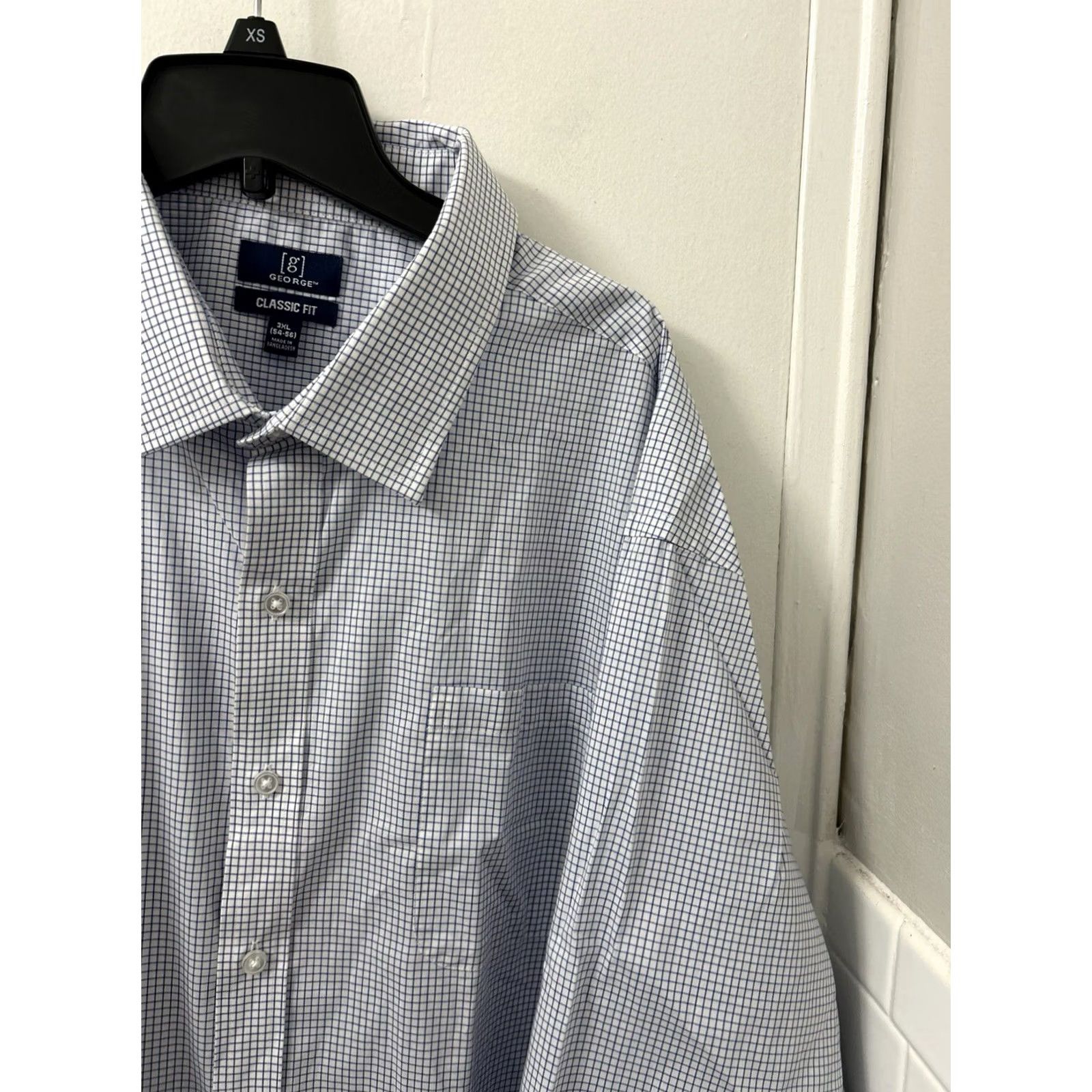 George George Dress Shirt Mens 3XL 54-56 White Blue Classic Fit Gingham Button Up L/S Size 48R - 4 Thumbnail