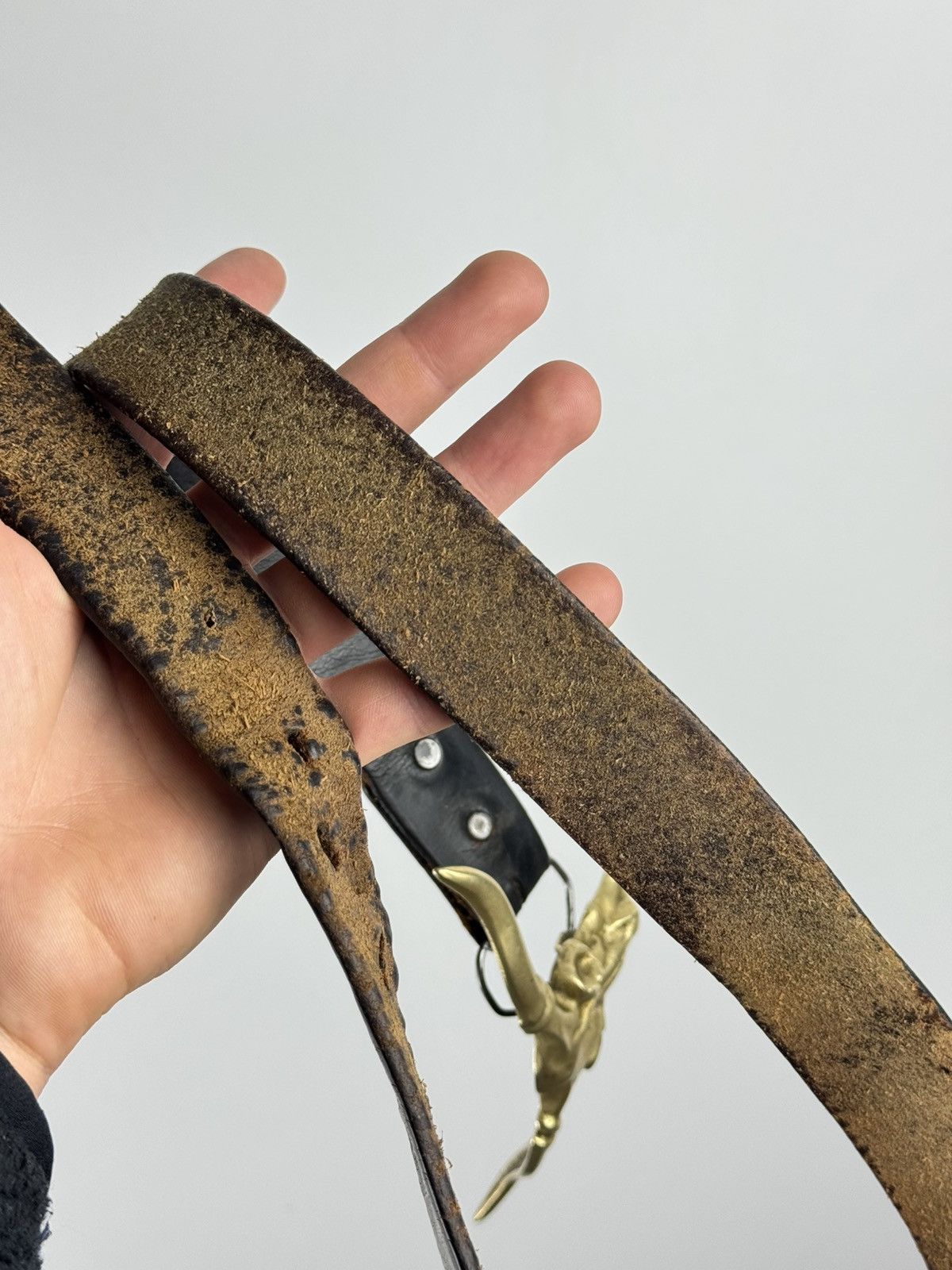 Vintage Leather Belt with Brass Longhorn Skull Buckle – Western Size ONE SIZE - 8 Thumbnail
