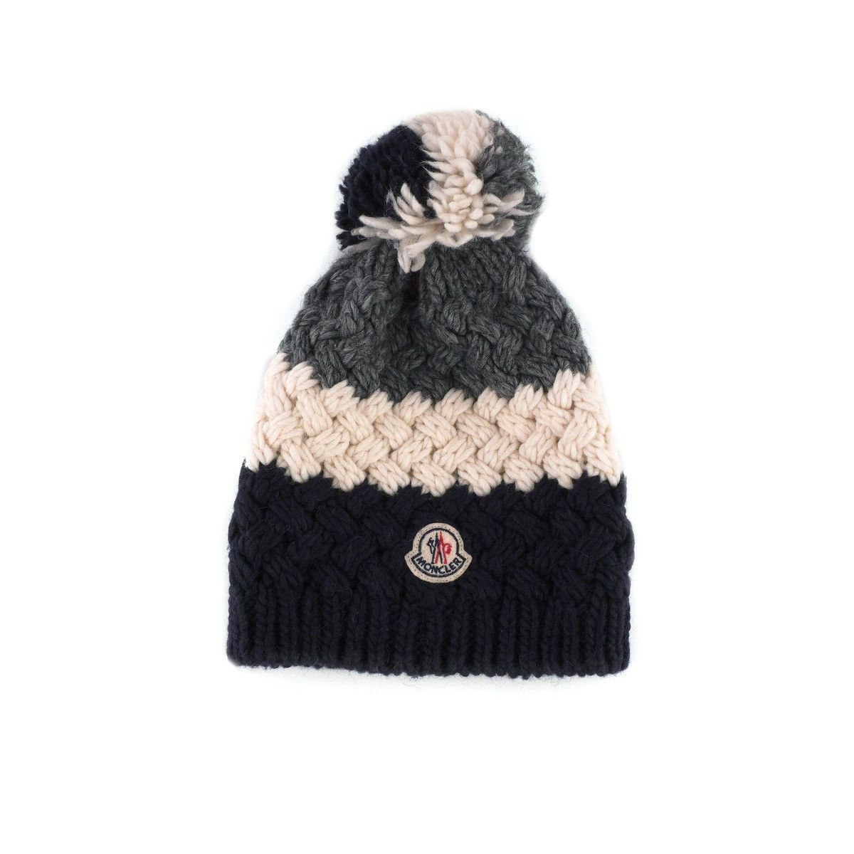 image of Moncler Berretto Logo Striped Knit Rib Wool Beanie Hat in Blue, Men's