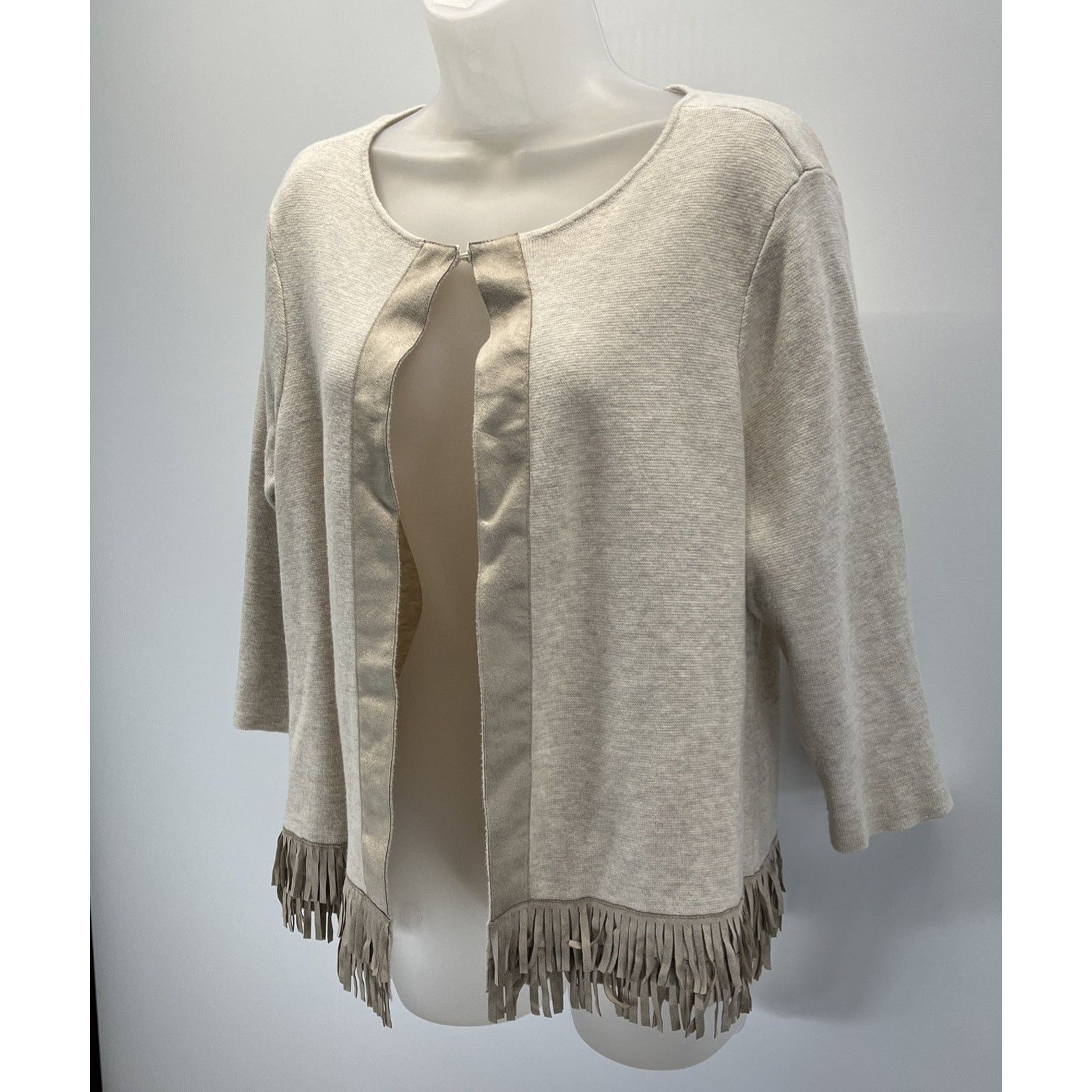 Chicos Chicos 3 Beige Open 3/4 Sleeve Open Knit Cardigan Fringe Size S / US 4 / IT 40 - 3 Thumbnail
