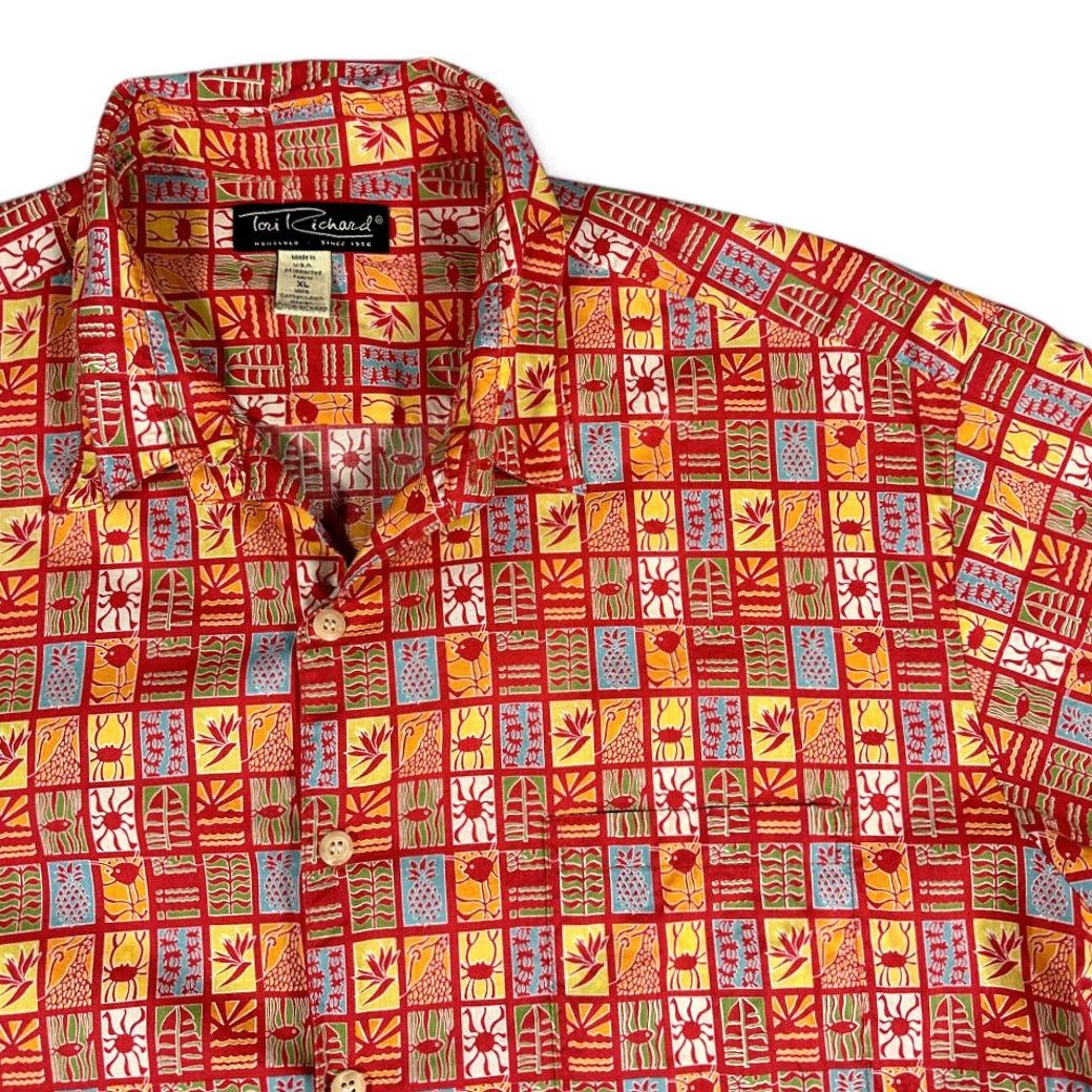 Tori Richard VINTAGE Tori Richard Hawaiian Shirt Adult EXTRA LARGE Red Aloha Geometric Fish Shirt Mens XL Red Hawaiian 90s Geometric Pattern USA White Collar Size US XL / EU 56 / 4 - 2 Thumbnail