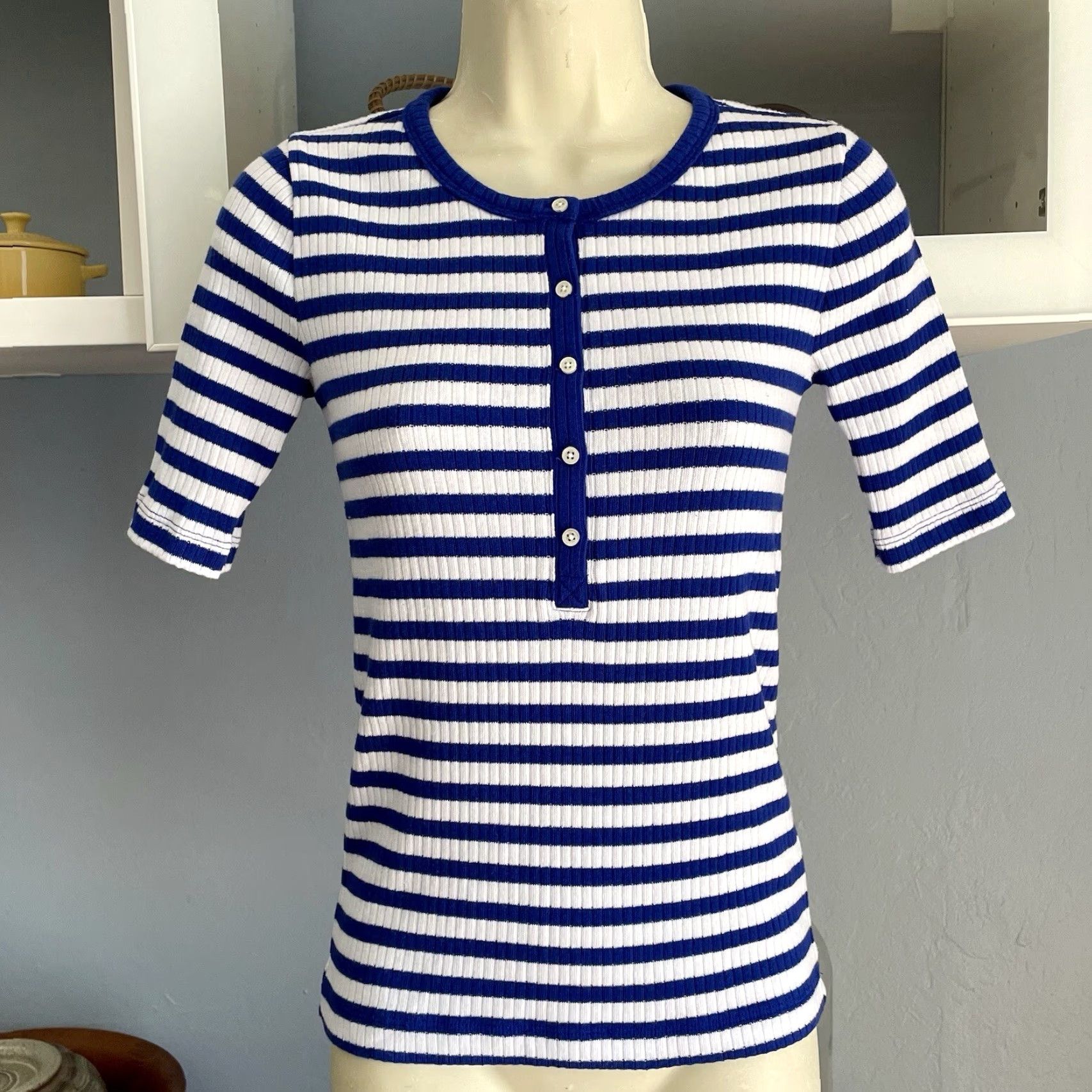 J.Crew J. Crew Blouse Shirt Ribbed Henley Short Sleeve Multicolor Blue White Stripe XXS Womens Regular Size XXS / US 00 / IT 34 - 2 Thumbnail