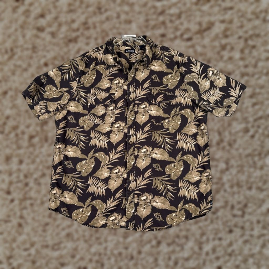 Chaps VINTAGE Chaps Shirt Mens 2XL Hawaiian Floral Leaf Print Cotton Button-Up Beige Black Short Sleeve Mens Regular Adult 2XL Hawaiian Theme Boys/Girls Men Size US XXL / EU 58 / 5 - 1 Thumbnail