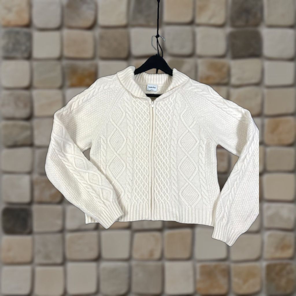 Vintage Sunday Best Crop Sweater Womens M Ivory Wool Blend Full Zip Raglan Sleeve Knit Long Sleeve Knit Size M / US 6-8 / IT 42-44 - 1 Thumbnail