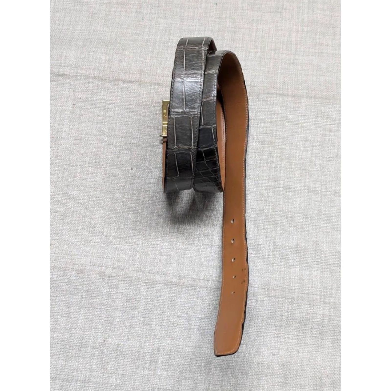 Vintage ZILLI belt CROCODILE golden buckle 42 made in FRANCE gray-brown-green Dress Belt Men 41/42 1-1/8" width Size 42 - 2 Thumbnail