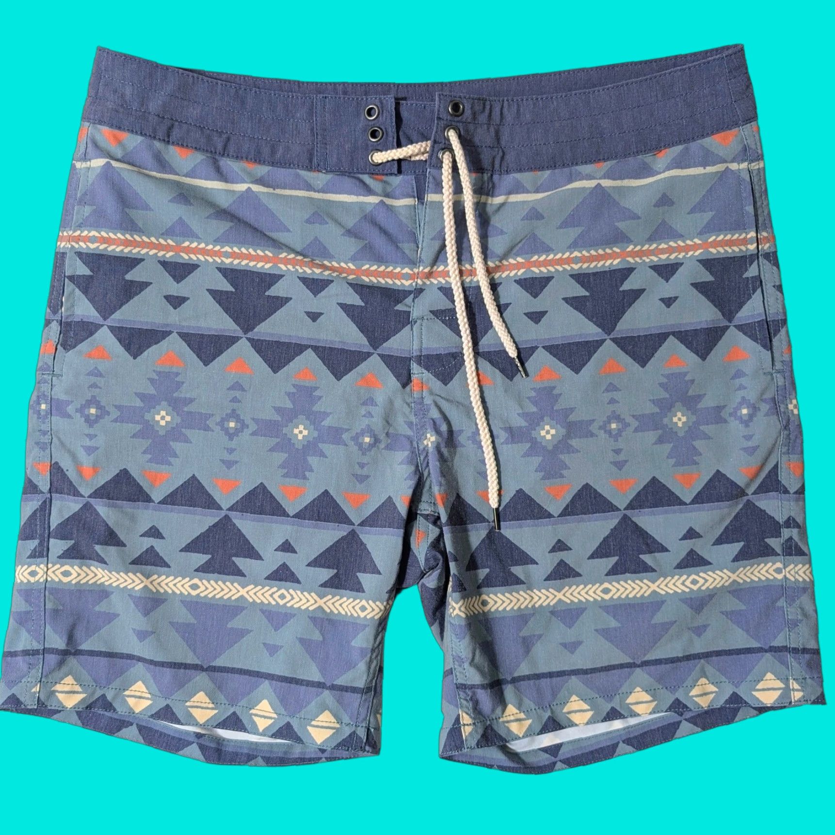 Faherty Faherty Board Shorts Mens 34 Blue Orange Aztec Geometric Stretch Quick Dry Pockets Drawstring Back Pocket Regu lar Men Size US 34 / EU 50 - 1 Thumbnail