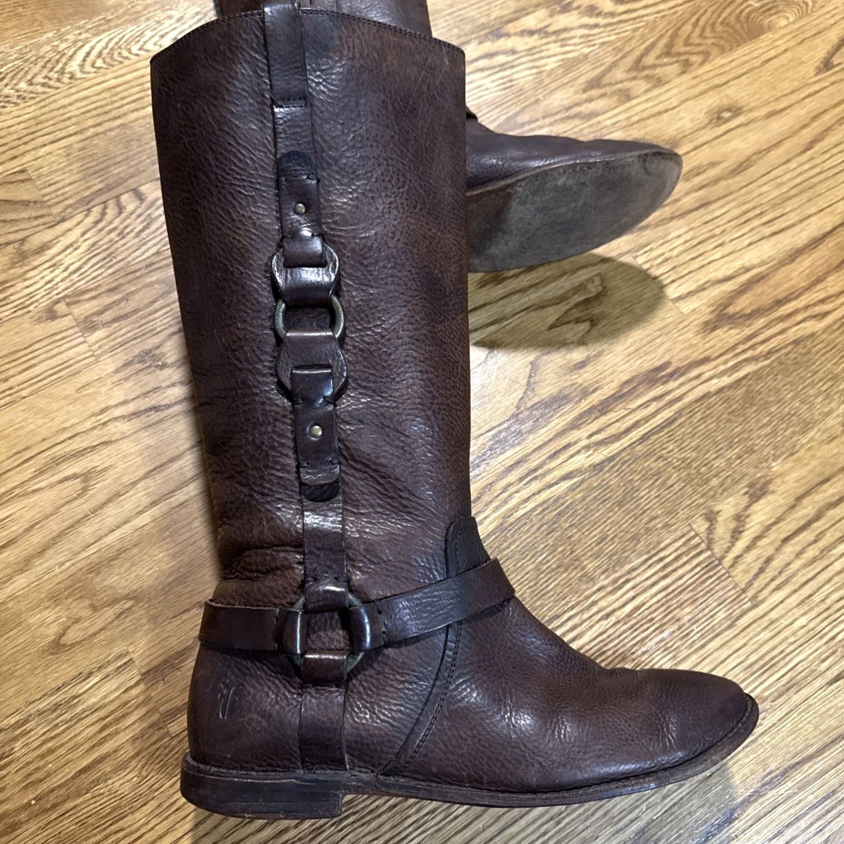Frye Frye Paige Loop Pull On Harness Boots Brown Brass Hardware Mexico 9B Leather Boots Women Harness Biker Western Distressed Leather Size US 9 / IT 39 - 6 Thumbnail