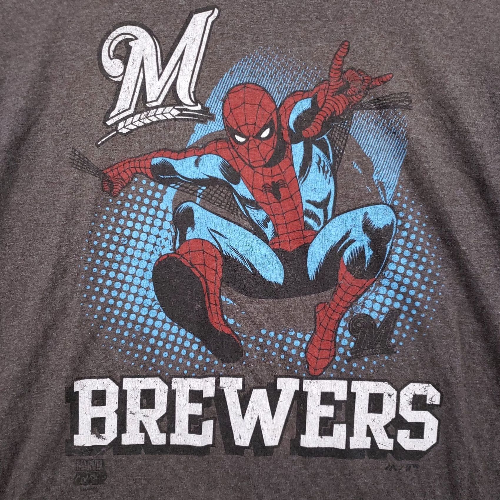 MLB Majestic T Shirt Mens L Large Gray Short Sleeve Spider Man Brewers MLB Baseball Size US L / EU 52-54 / 3 - 2 Thumbnail