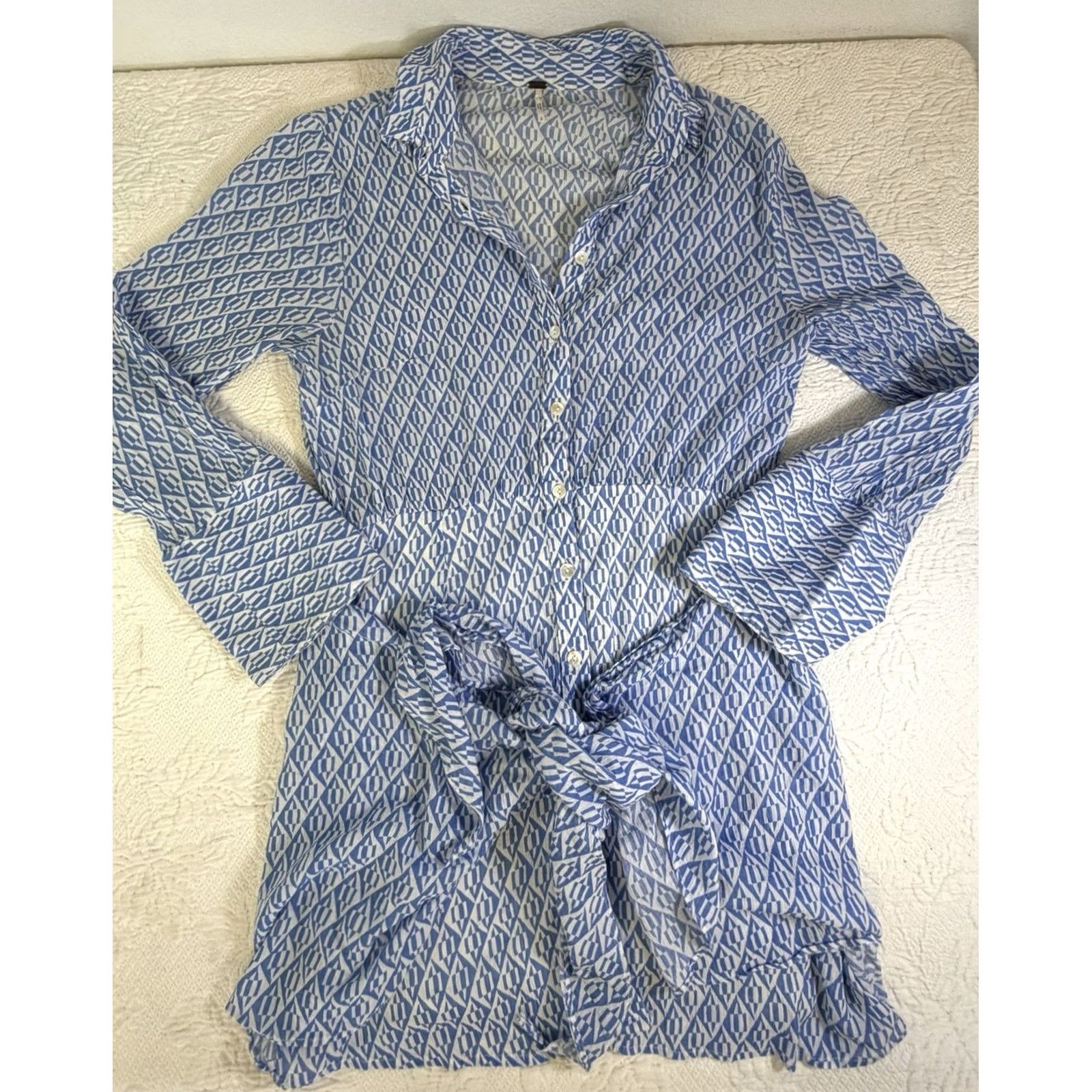 Free People VINTAGE Free People Rillo Blue Patterned Shirt Dress Button Front Beachy Womens Small Size S / US 4 / IT 40 - 2 Thumbnail