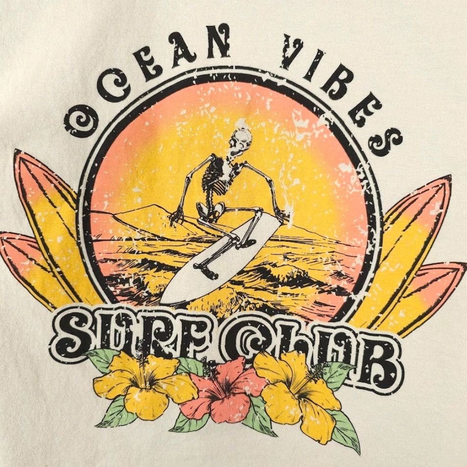 Vintage Vibe 'N Surf Club Crop Top T Shirt Womens Size Large Ivory Ocean Vibes Surfer Skeleton Size L / US 10 / IT 46 - 5 Thumbnail