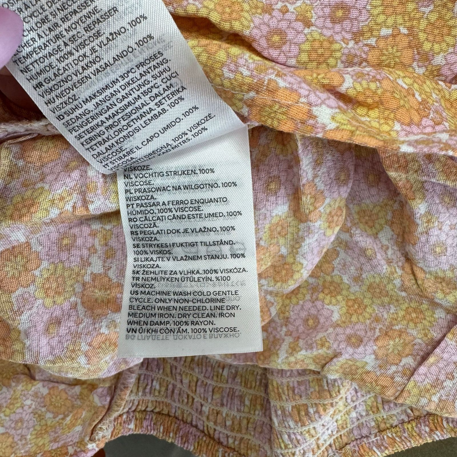 H&M H&M Orange Pink Floral V-Neck Drawstring Blouse Ruched Smock Size US L / EU 52-54 / 3 - 6 Thumbnail