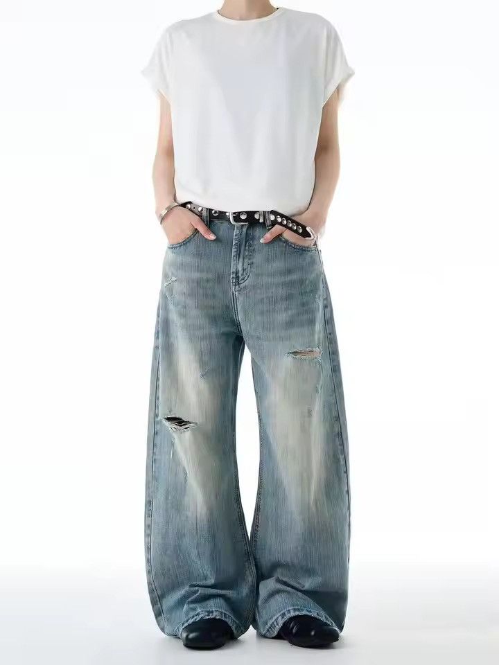 Japanese Brand Cyber-Y2K Distressed Baggy Jeans - Wide-Leg Faded Wash Denim Size US 29 - 9 Thumbnail
