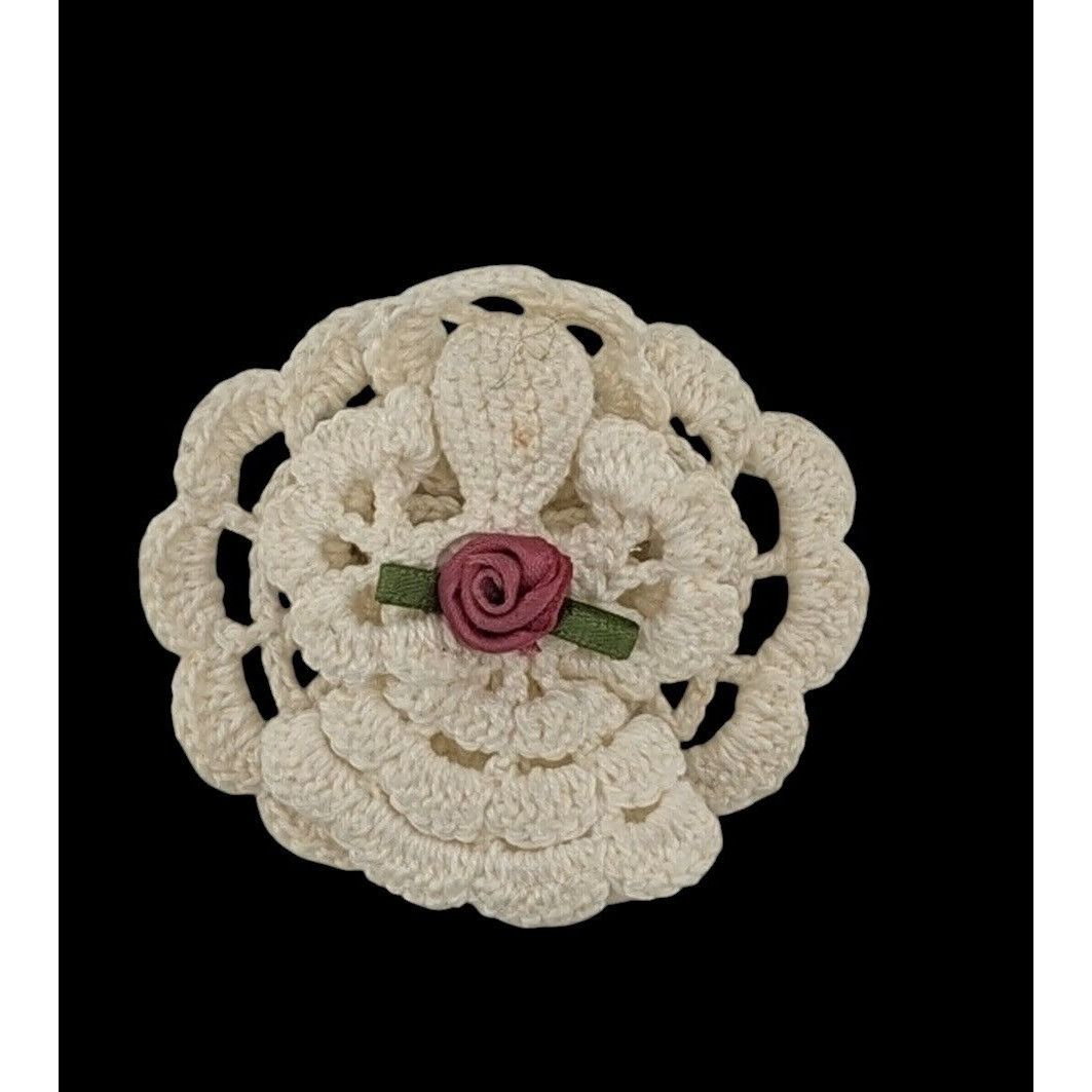 Other Vintage Handmade Crochet Angel Brooch With Ribbon Rose Accen Size ONE SIZE - 2 Thumbnail