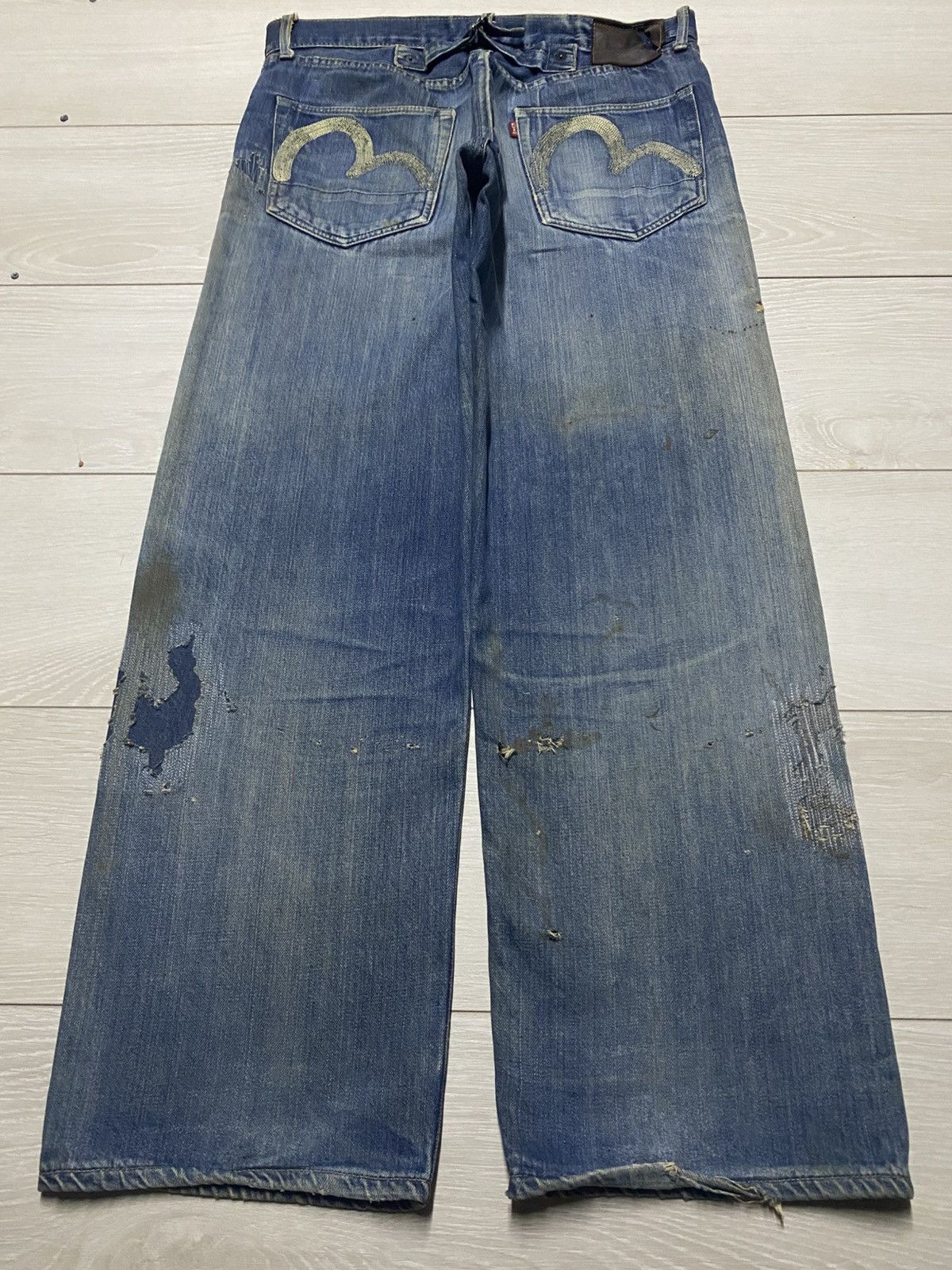 Evisu Crazy Vintage Evis 90s Heavy repaired Distressed Baggy Jeans Size US 33 - 2 Thumbnail