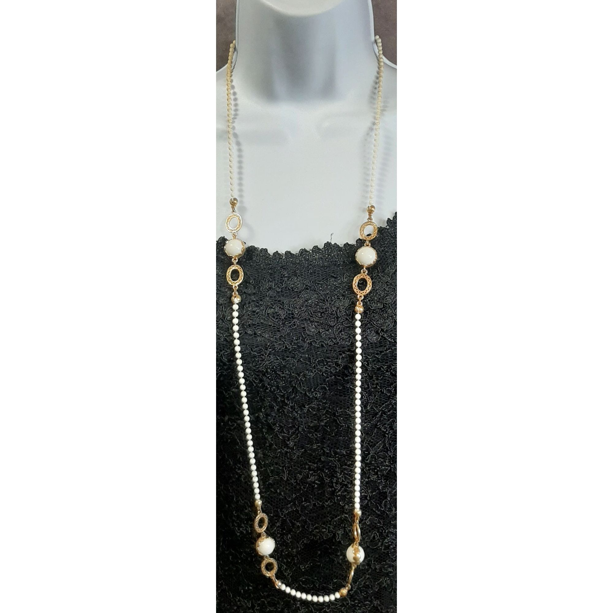 Other Vintage White And Gold Tone Beaded Necklace With Filigree Ac Size ONE SIZE - 1 Thumbnail