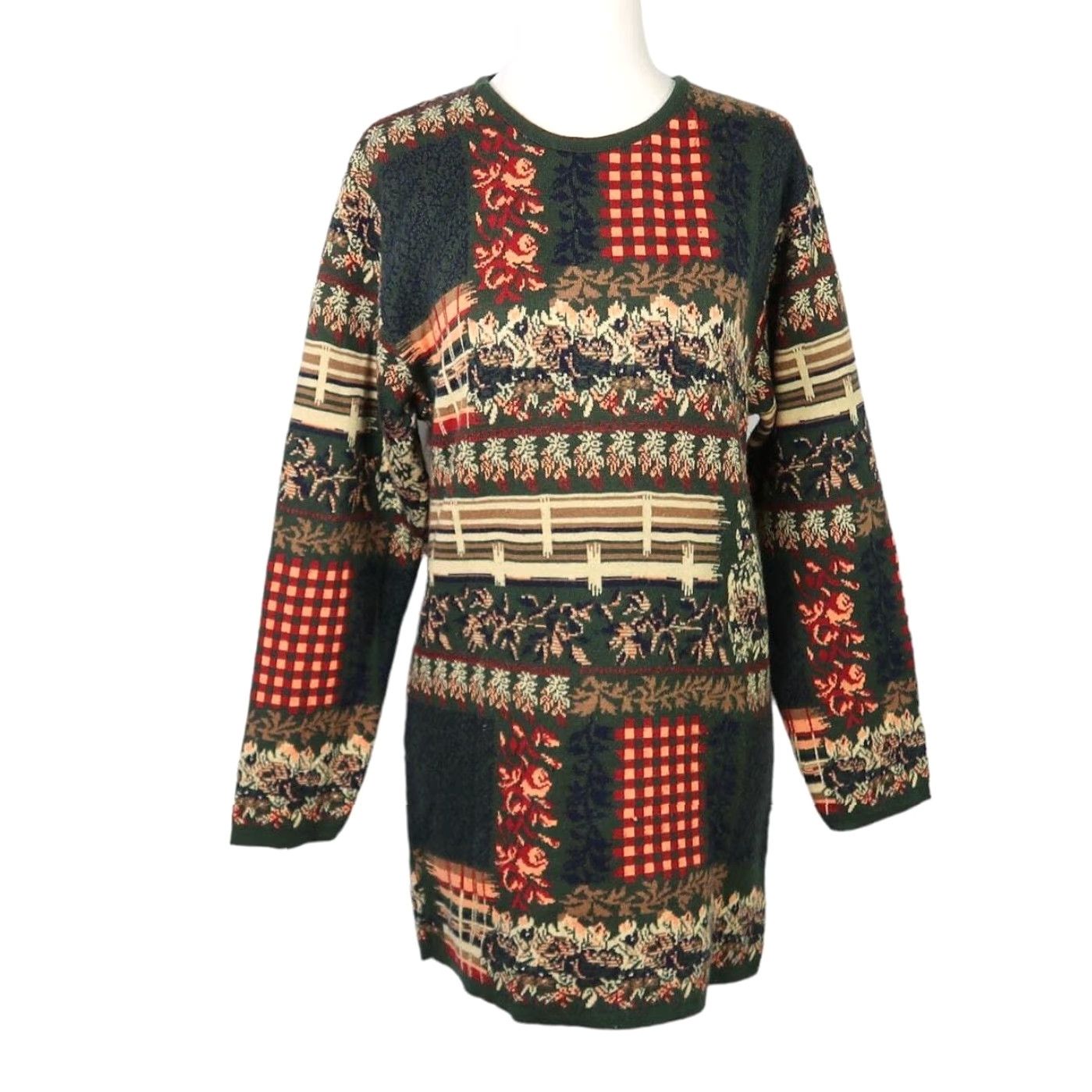 Vintage VINTAGE 90s dark green cream mixed print scenic knit wool blend sweater M Women's Pullover Wool Blend Long Sleeve Floral Size M / US 6-8 / IT 42-44 - 2 Thumbnail