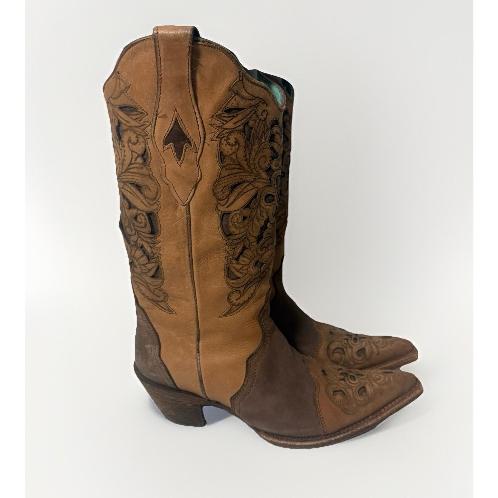 Corral Corral Brown Floral Inlay Snip Toe Cowgirl Western Boots Size US 8.5 / IT 38.5 - 1 Thumbnail