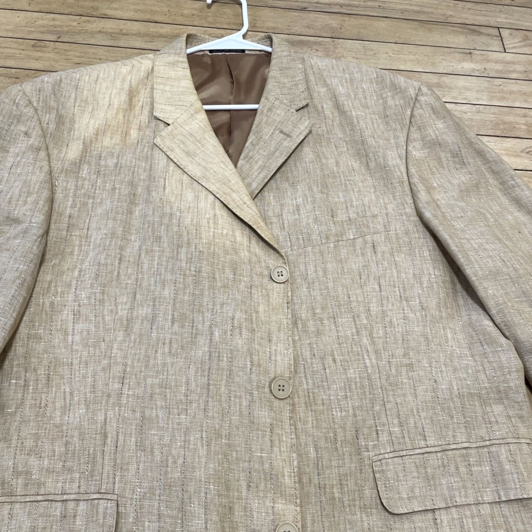 Vintage Vtg Giovanno Collezione Blazer Men 46 R Tan Stripe Linen Vintage Grunge Retro 2 Piece Notch Lapel Mens Regular Size 46 Brown Linen Stripe Blazer Size 46R - 6 Thumbnail