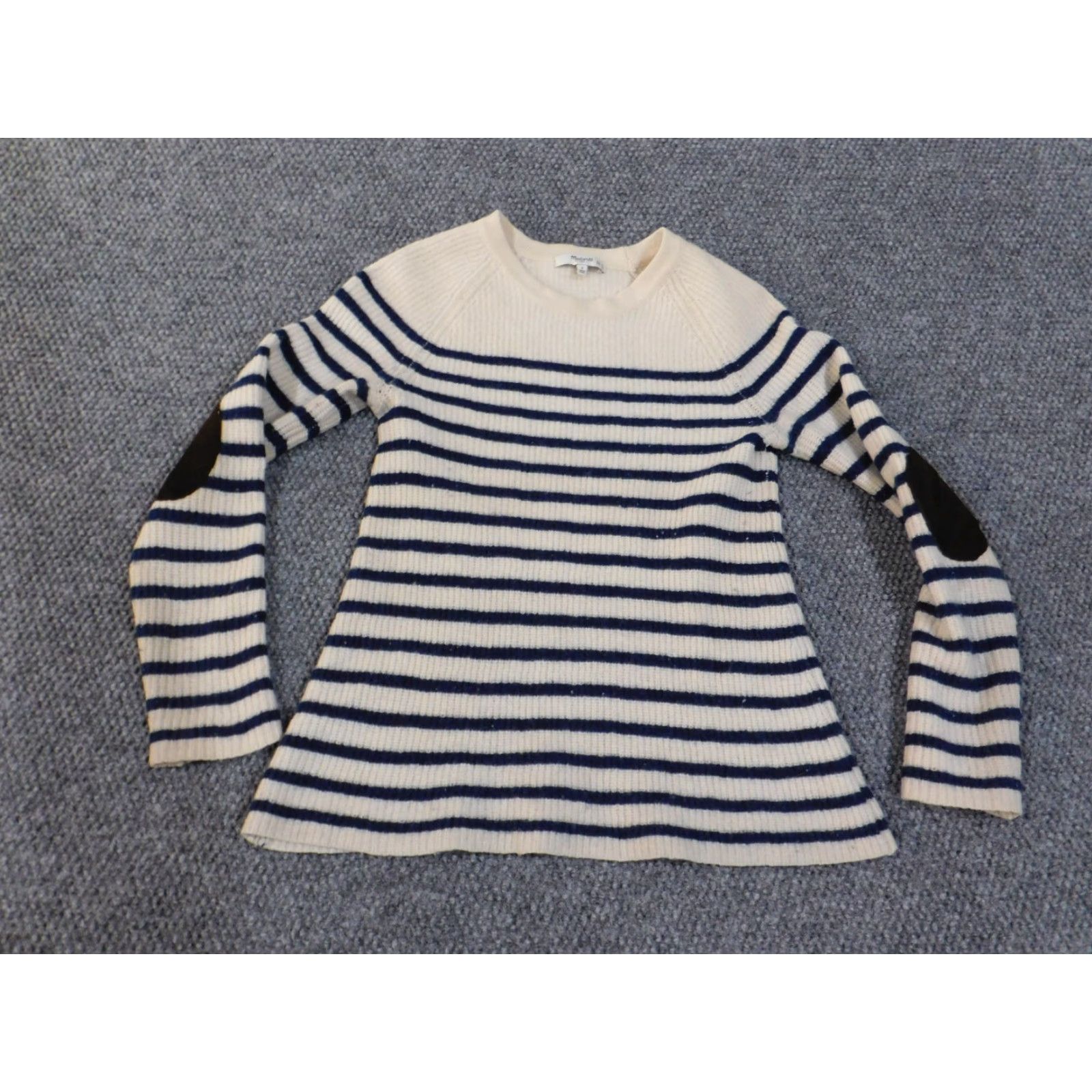 Madewell Madewell sweater Small Womens pullover beige knit stripe striped elbow patch open-knit round neck raglan sleeve logo stretch pull over Size S / US 4 / IT 40 - 3 Thumbnail