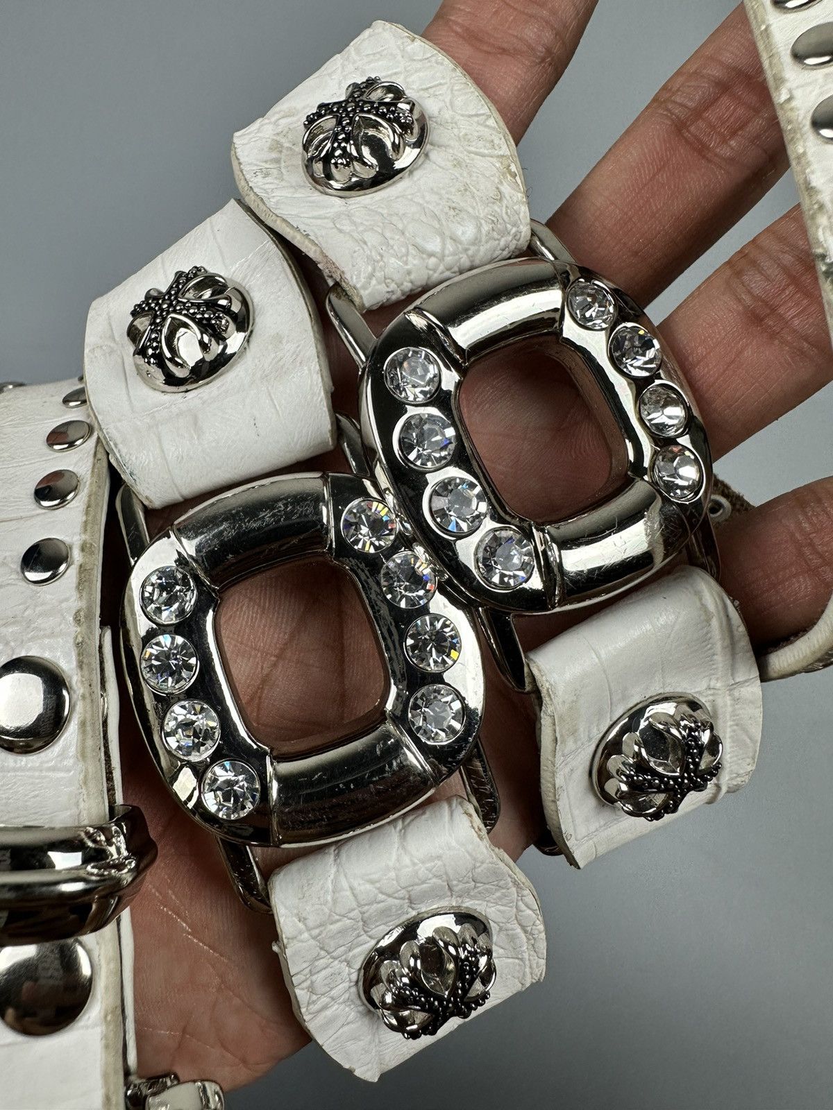 If Six Was Nine Rare Chrome Hearts Inspired White Leather Diamond Studs Belt Size 34 - 3 Thumbnail