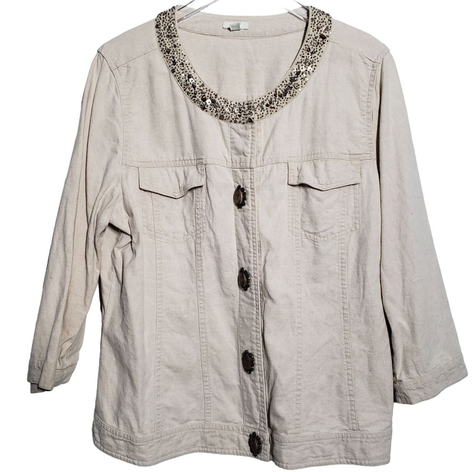 Designer J Jill Embellished Jacket Women Size Large Tall Linen Cotton Size L / US 10 / IT 46 - 2 Thumbnail