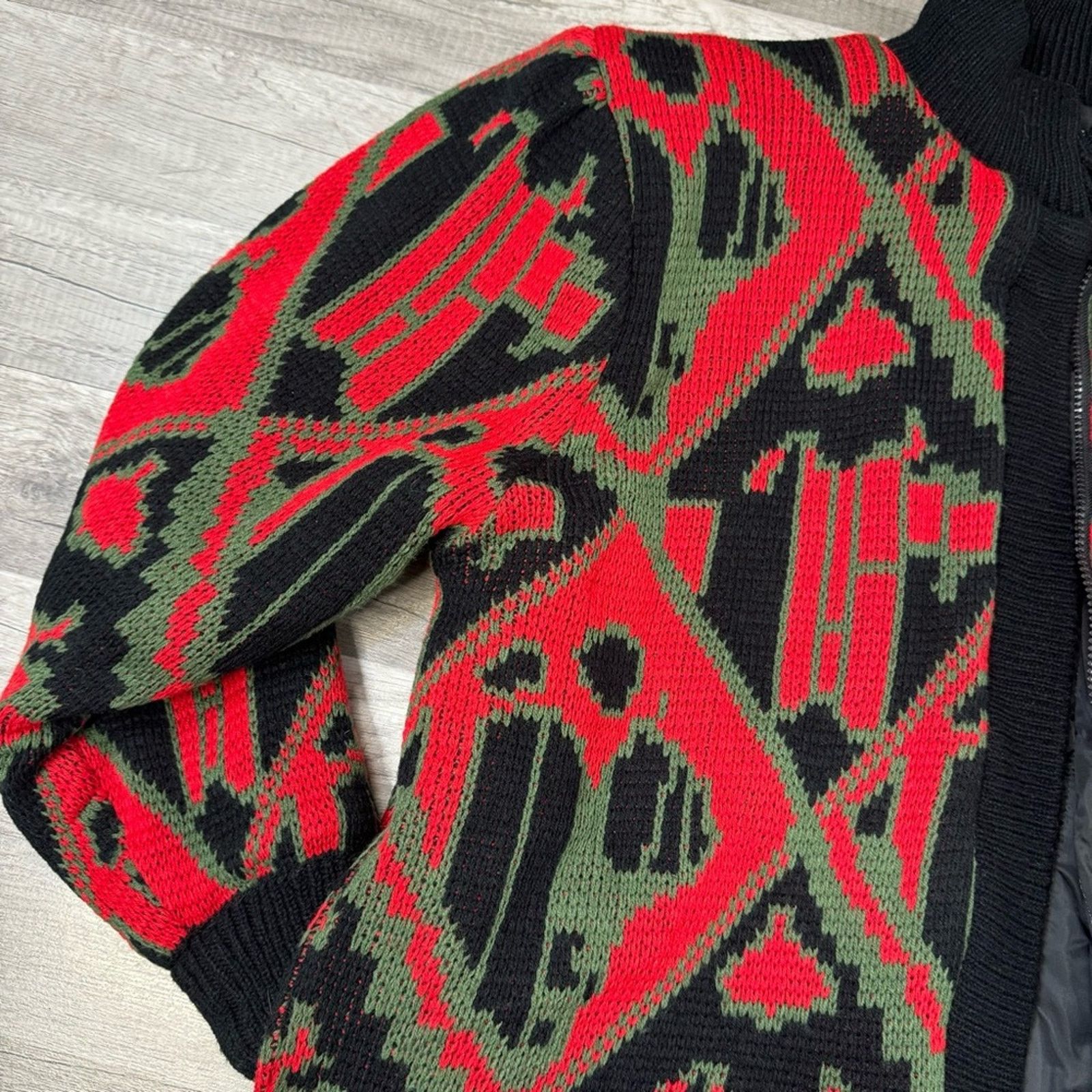 Vintage Vintage 80s Abstract Knit Bomber Jacket Red Green Black Size US L / EU 52-54 / 3 - 4 Thumbnail