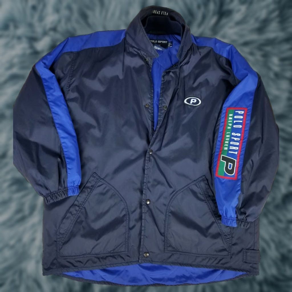 Ralph Lauren VINTAGE Ralph Lauren Polo Sport Stadium Windbreaker Jacket L Mens Blue 90s Spell Out Navy Royal Polo Sport Patch Back Neck 32in 27in pit to pit Size US L / EU 52-54 / 3 - 1 Thumbnail