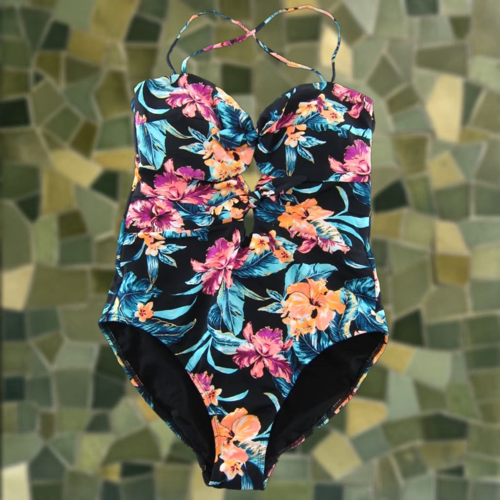 Vintage Ambrielle NWT One Piece Swimsuit (Medium) – Black Blue Pink Orange Tropical Floral; Nylon Spandex; Padded Bust; Lined; Women's Beach Wear Size ONE SIZE - 1 Thumbnail