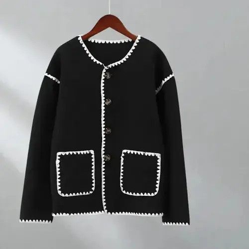 Japanese Brand Chic Pocket Patchwork Knitting Crop Jackets Size ONE SIZE - 3 Thumbnail