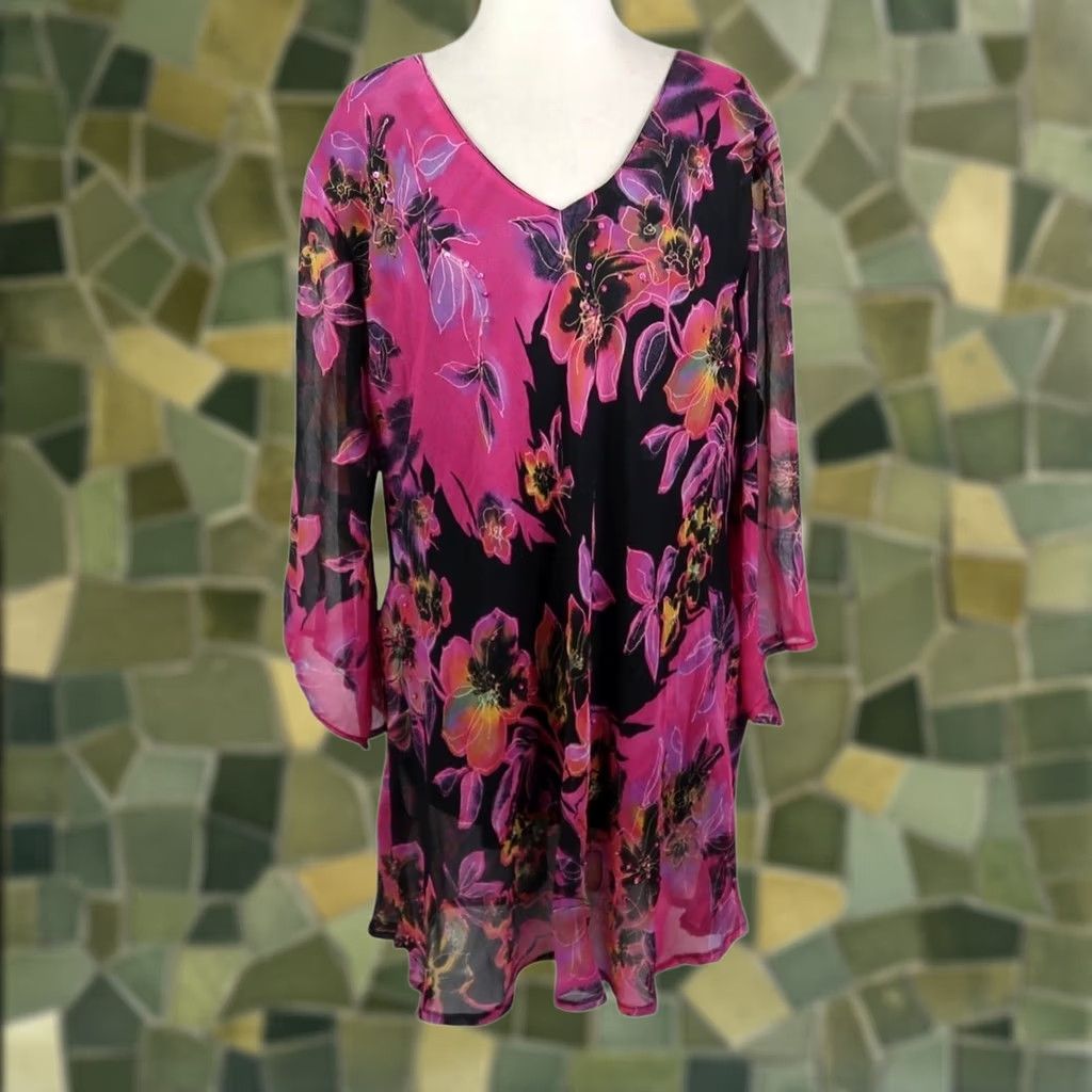 Vintage 90s Vintage JMD Signature Black and Pink Floral Silk Beaded Tunic Top Size L / US 10 / IT 46 - 1 Thumbnail
