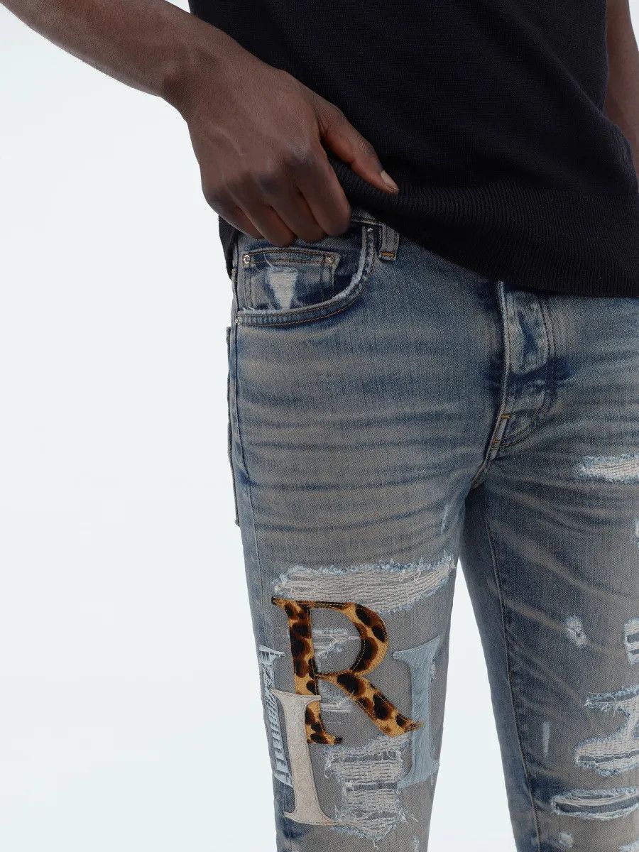 Amiri o1gr1nt0525 Leather Staggered Logo Jeans in Vintage Indigo Size US 31 - 6 Thumbnail
