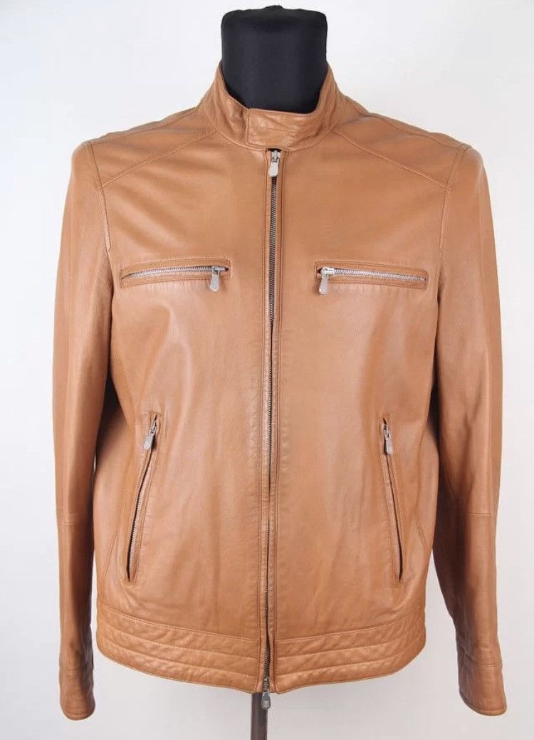 image of Brunello Cucinelli Leather Biker All Over Zip Pocket Jacket in Brown, Men's (Size XS)