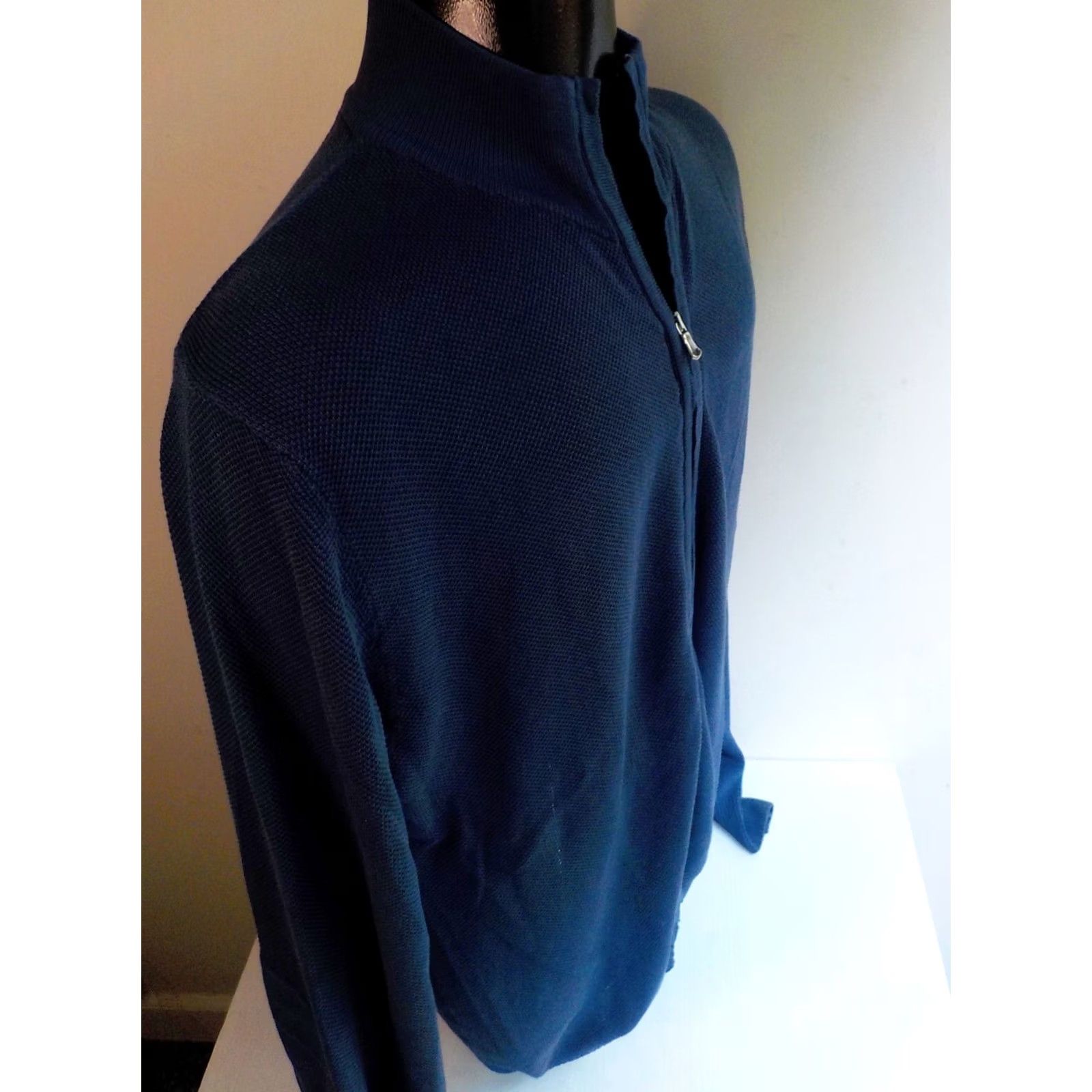 Vintage DAVID DAWAN Zipper Front Mens Cardigan Sweater Blue 100% Cotton XL Knit Mock Neck Ribbed Cuffs and Waistband Regular Size Size US XL / EU 56 / 4 - 3 Thumbnail