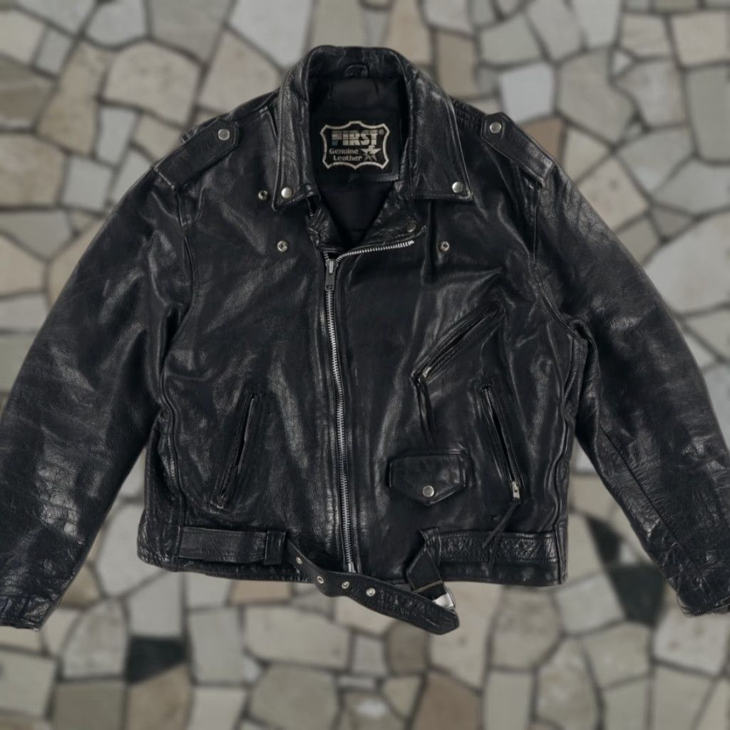 Vintage First Genuine Leather Biker Motorcycle Solid Long Sleeve Jacket Black Men's 48 Size US M / EU 48-50 / 2 - 1 Thumbnail