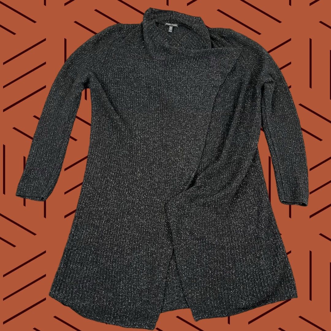 Eileen Fisher EILEEN FISHER Sweater Women Tunic Open Front Long Fit XL Black Silver Wool Blend Size XL / US 12-14 / IT 48-50 - 1 Thumbnail
