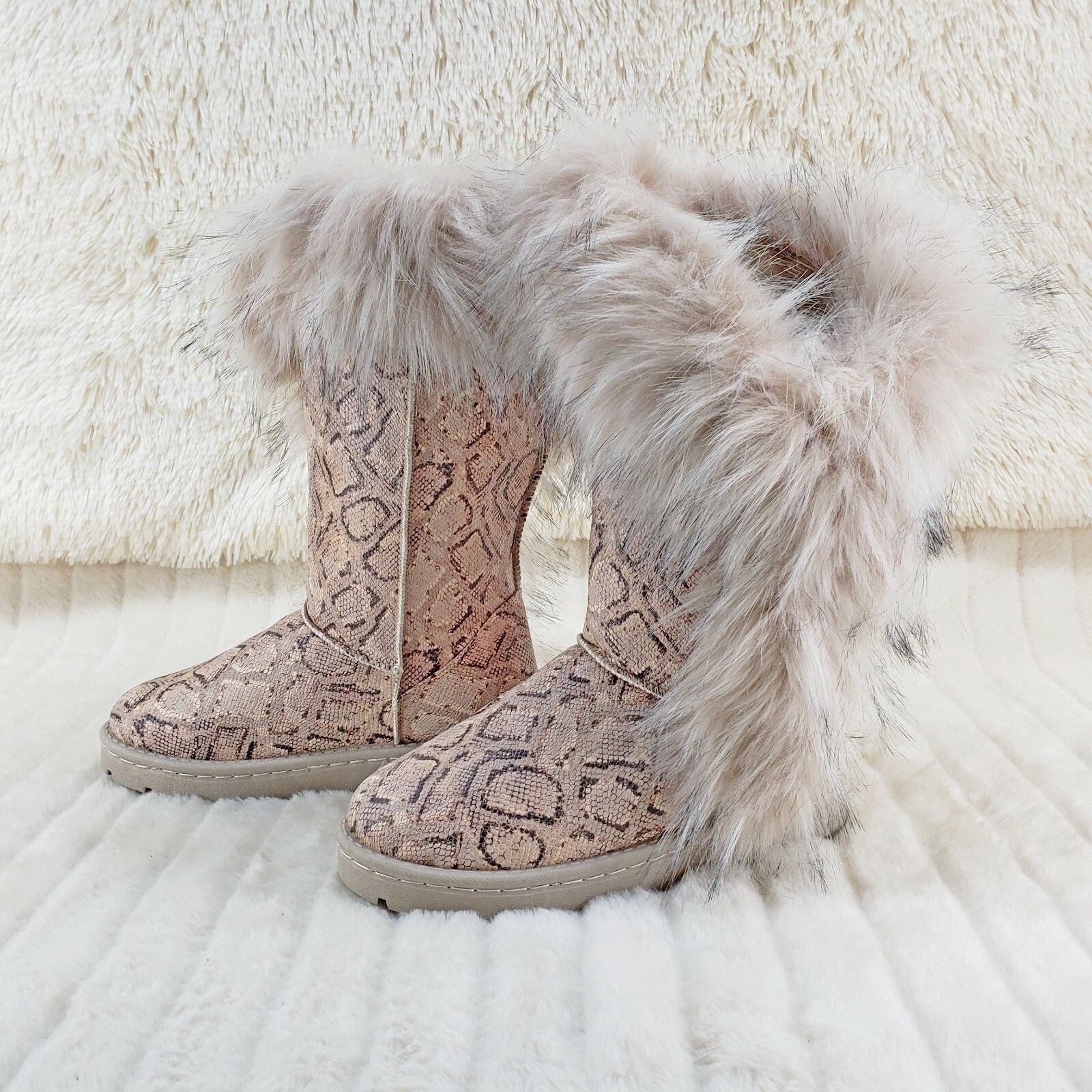 Other Chi Chi Tall Furry Snake Beige Faux Fur Lined Flat Winter Bo Size US 7 / IT 37 - 5 Thumbnail