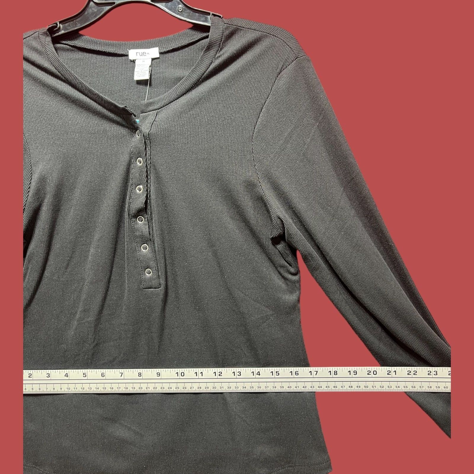 Other Rue + - Women's Fitted Long Sleeve Henley Tee - Black - 1X Size XL / US 12-14 / IT 48-50 - 6 Thumbnail